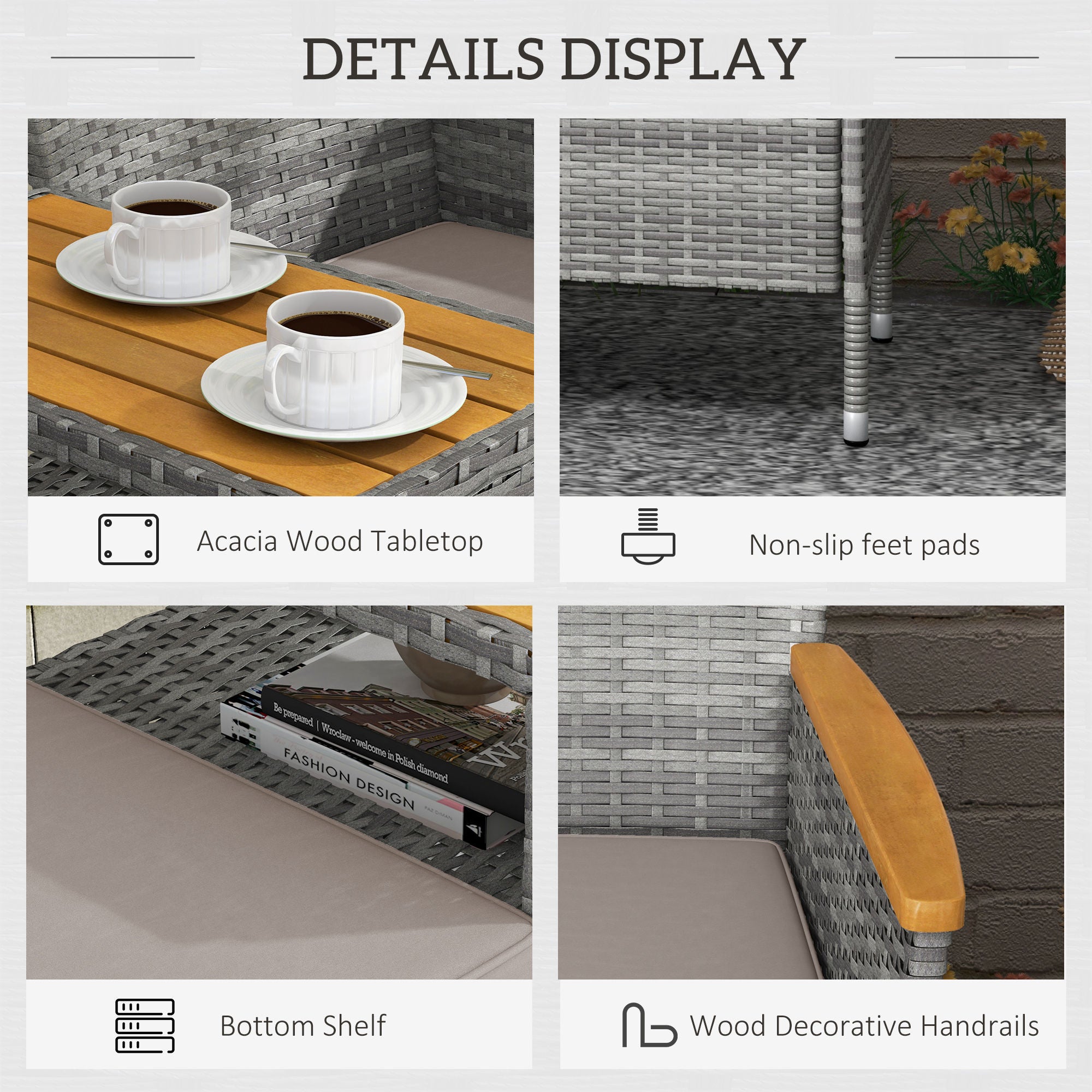 Outsunny Two-Seat Rattan Loveseat, with Wood-Top Middle Table - Grey - North Peak Garden Furniture