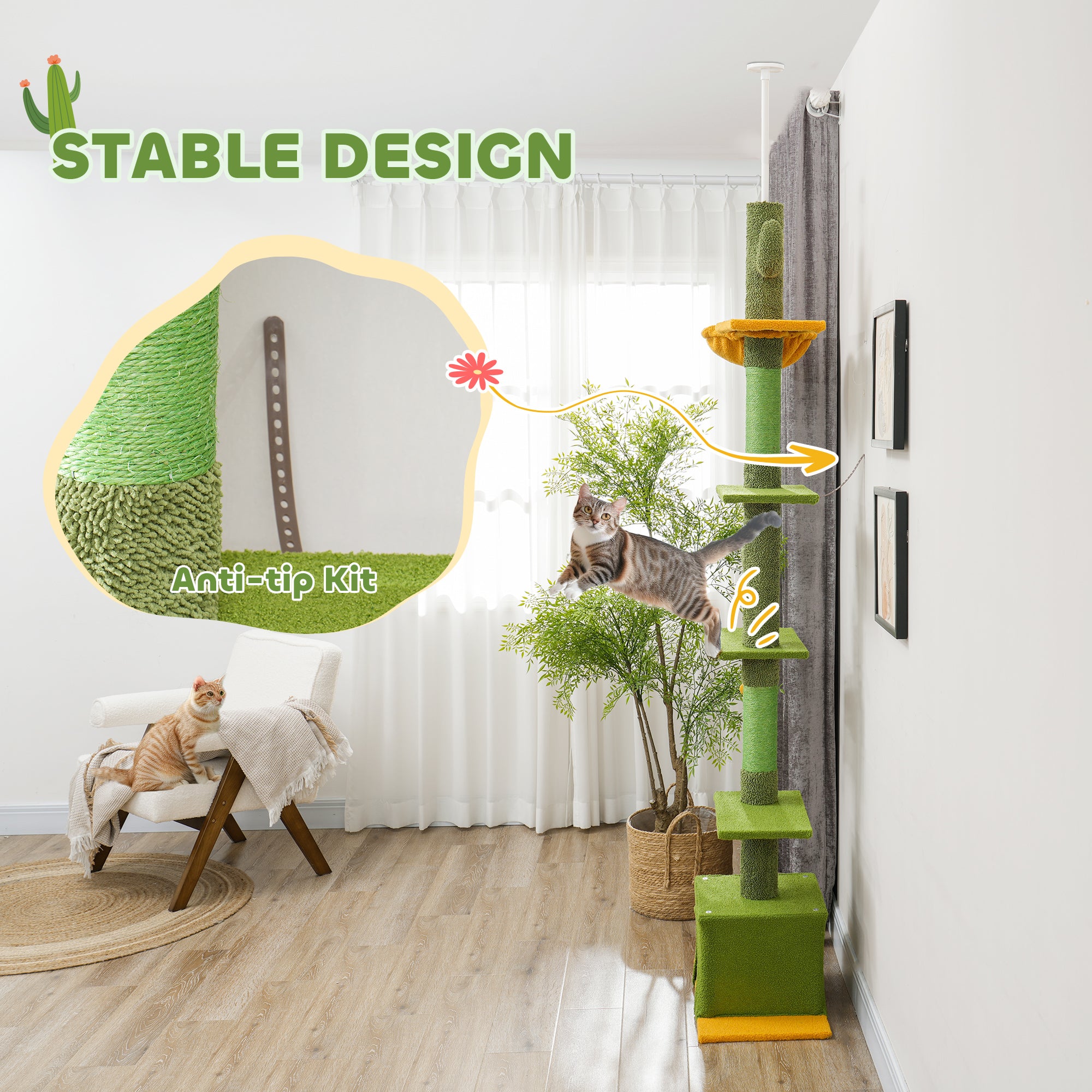 PawHut 230-275cm Floor-to-Ceiling Adjustable Cat Tree with Scratching Posts, Hammock - North Peak Garden Furniture