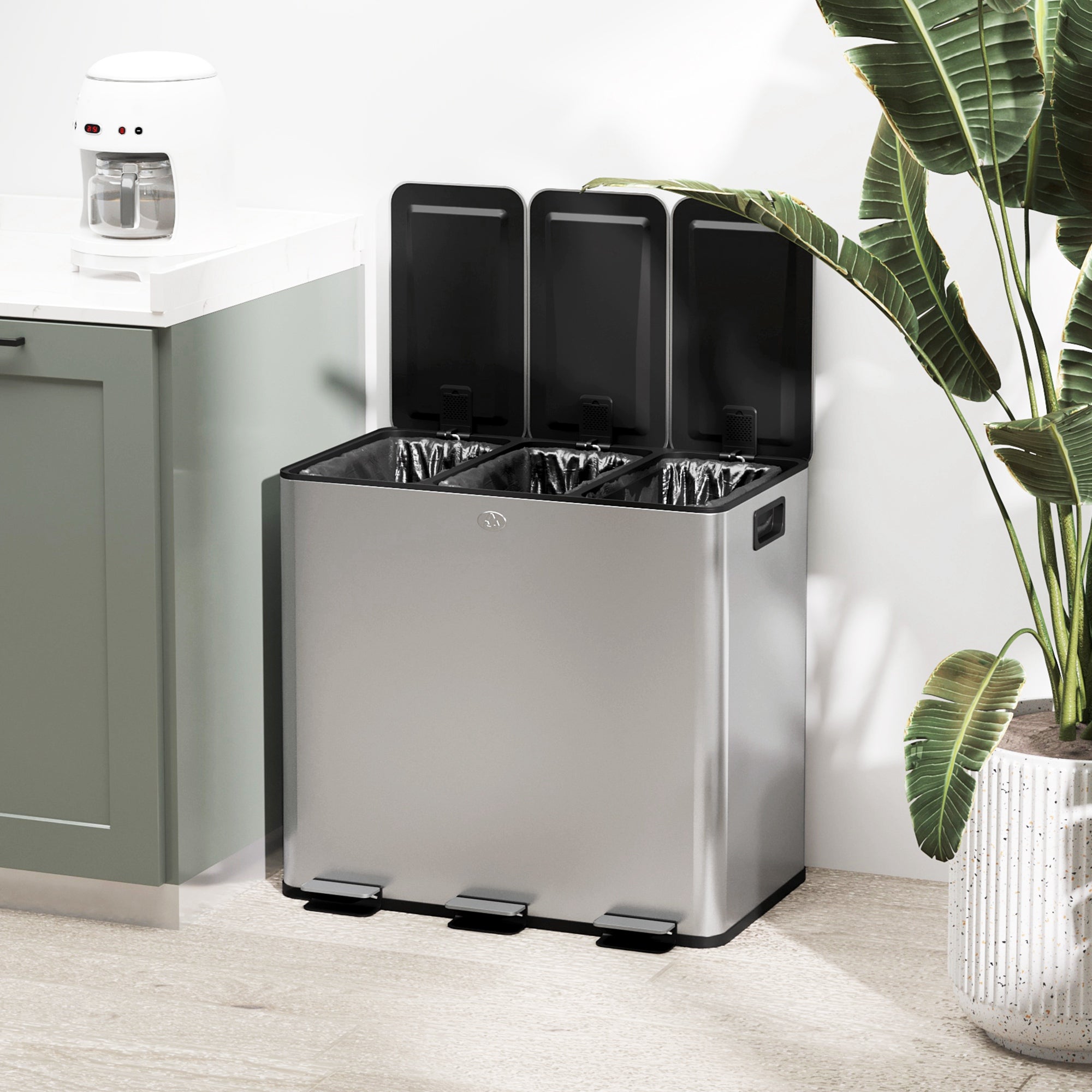 HOMCOM 3 x 15L Pedal Bin, Steel Triple Kitchen Bin with Soft Close Lid, Removable Inner Buckets, Fingerprint-Proof, Silver - North Peak Garden Furniture