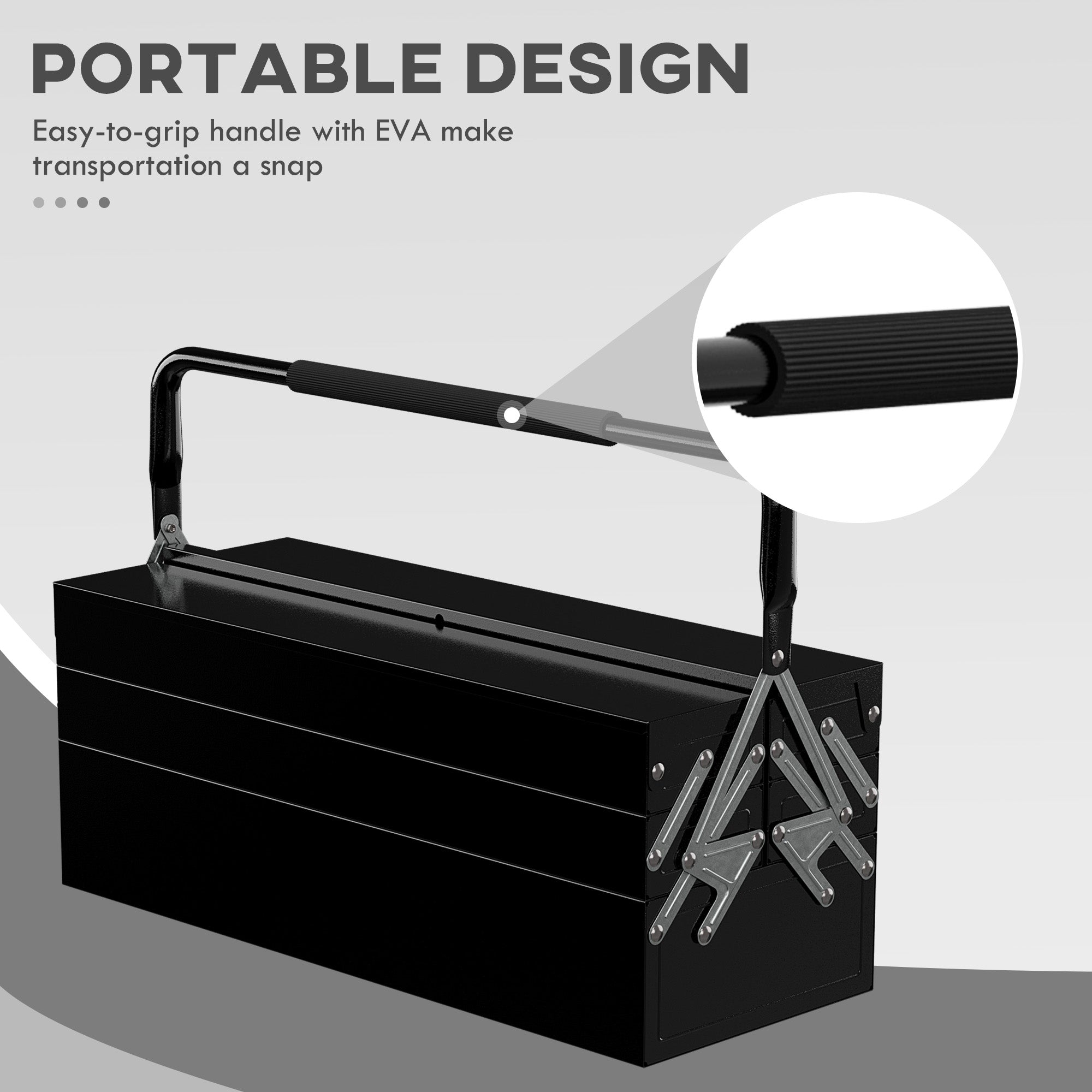DURHAND 3 Tier Metal Toolbox, 5 Tray Professional Portable Tool Box with Carry Handle for Workshop, 56cmx20cmx34cm, Black - North Peak Garden Furniture