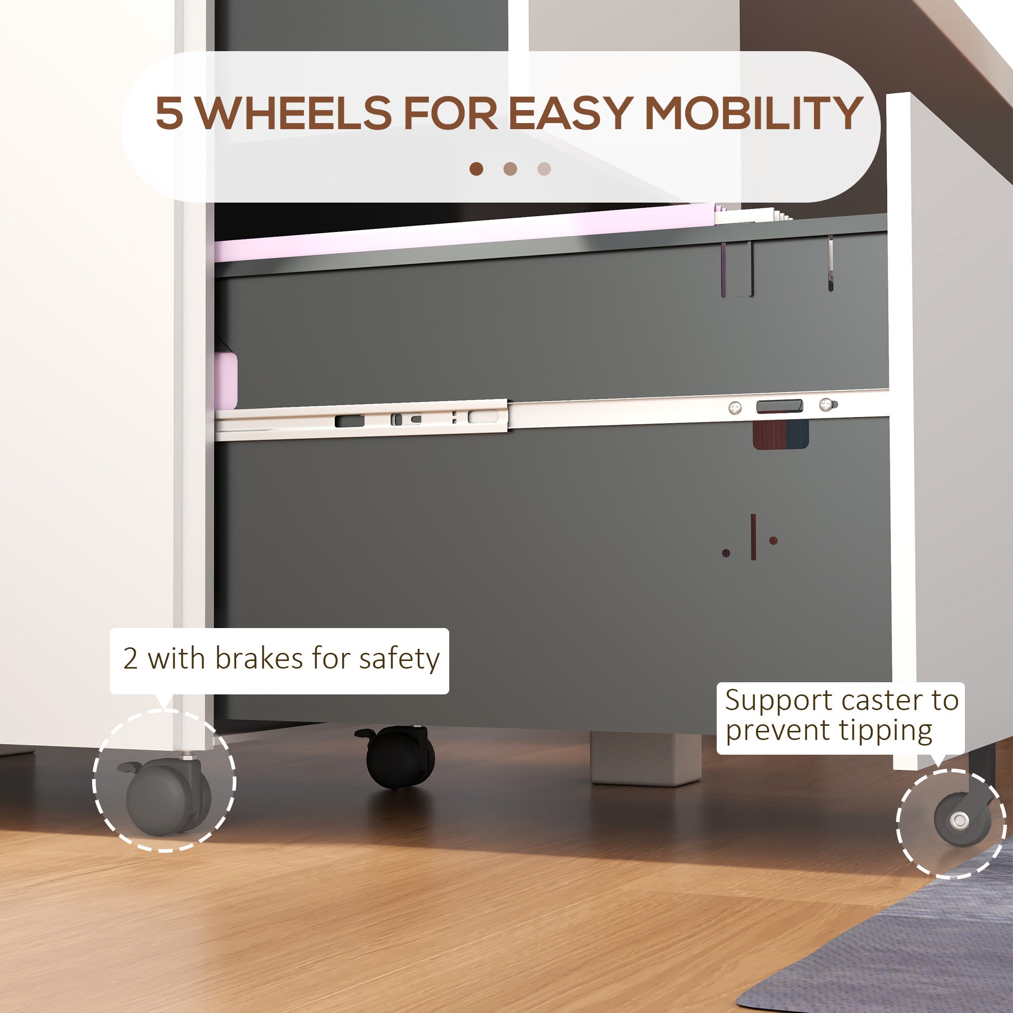 Vinsetto 2-Drawer Vertical Filing Cabinet with Lock and 5 Wheels, Steel Mobile File Cabinet, for A4, Legal and Letter Size, Pre-Assembled Body, White - North Peak Garden Furniture