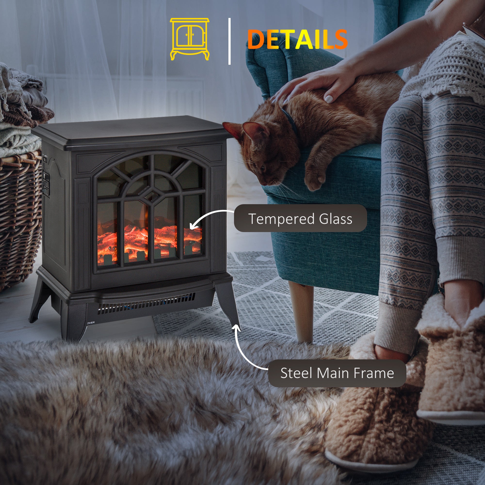 HOMCOM 1000W/2000W Freestanding Electrical Fireplace Indoor Heater Stove Log Wood LED Burning Effect Flame with Thermostat Control Black