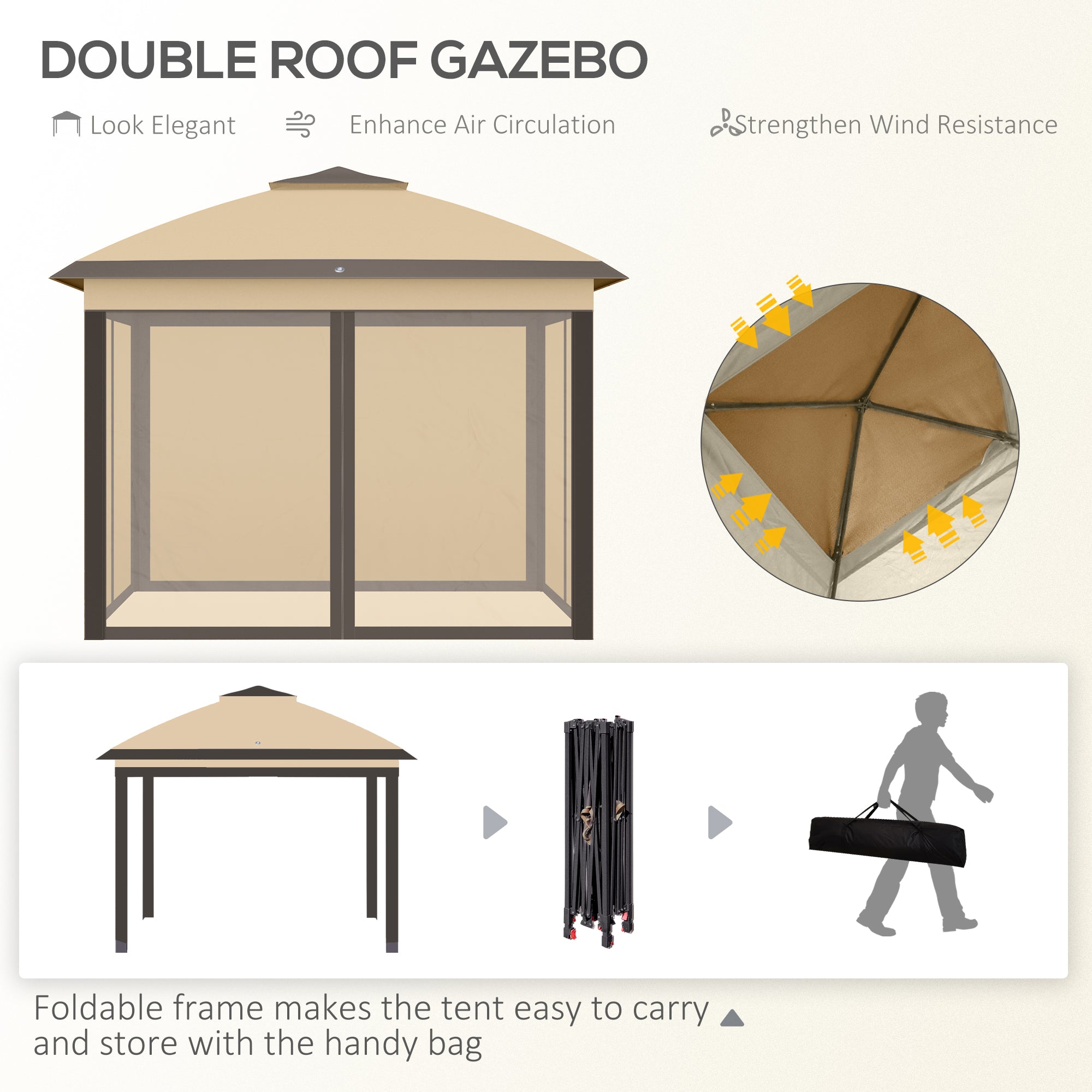 Outsunny 330cm x 330cm Pop Up Canopy, Double Roof Foldable Canopy Tent with Zipped Mesh Sidewalls, Height Adjustable and Carrying Bag, Event Tent for Patio Garden, Beige - North Peak Garden Furniture