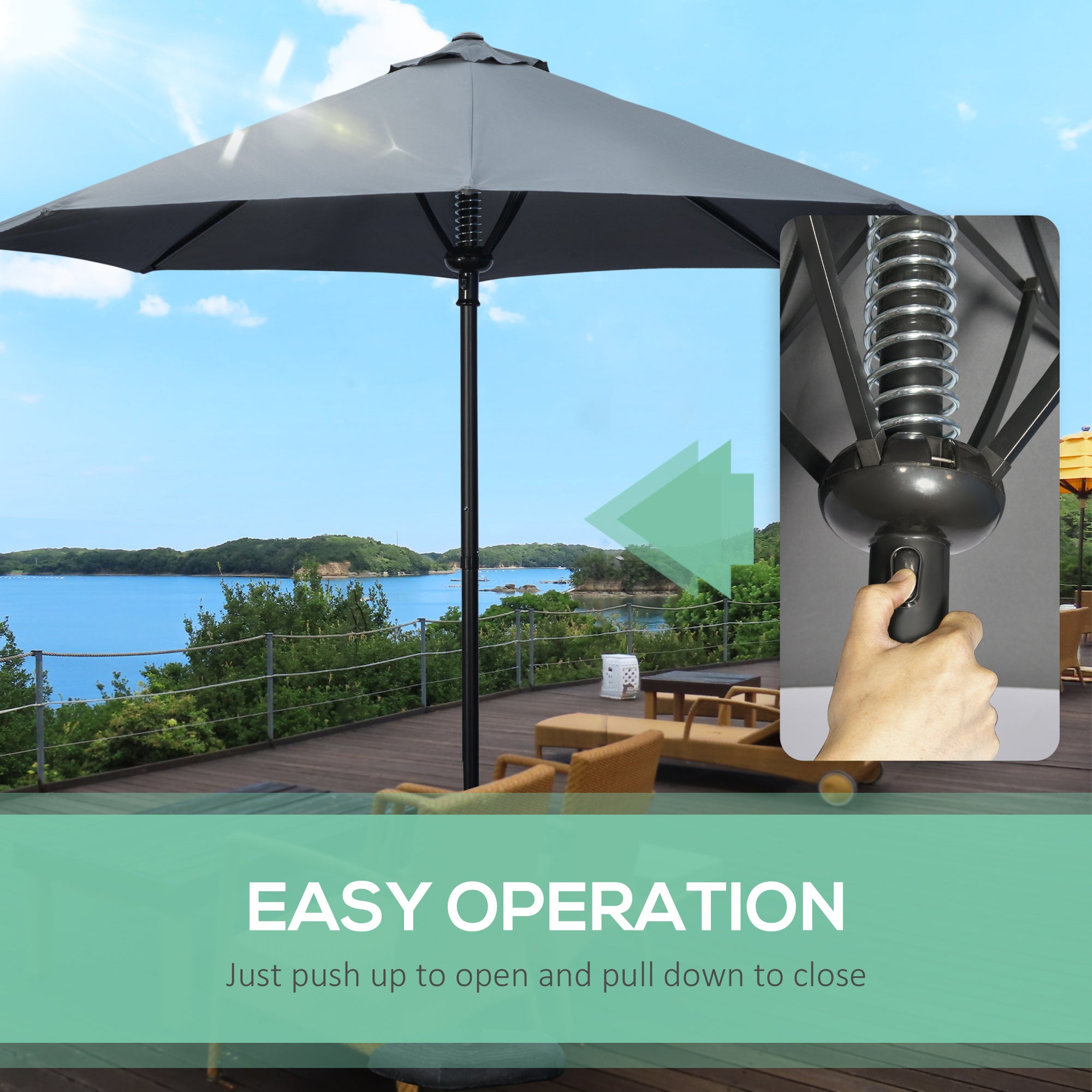 Outsunny Garden 3(m) Parasol Umbrella, Outdoor Market Table Umbrella Sun Shade Canopy with 8 Ribs, Easy Push to Open, Grey - North Peak Garden Furniture
