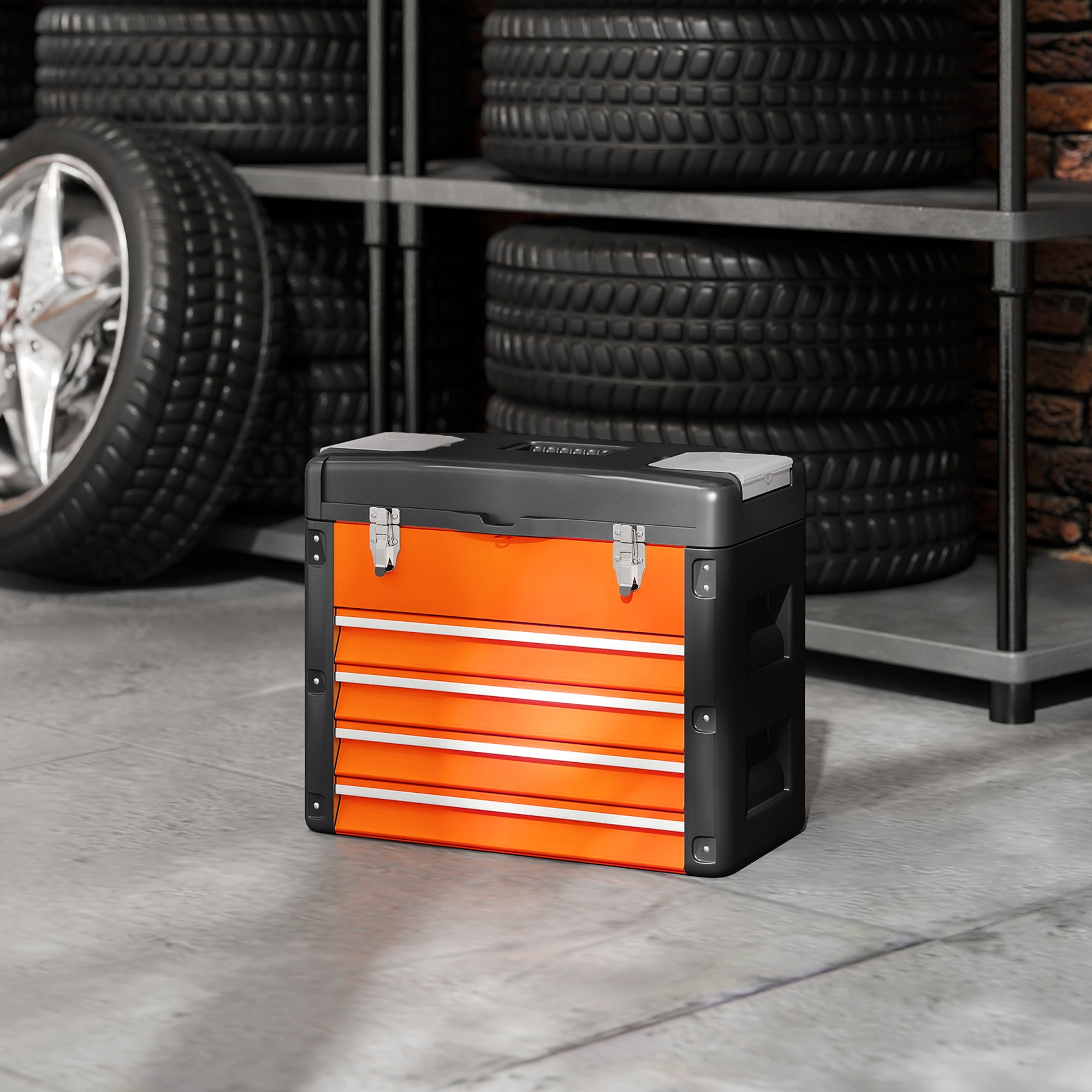 HOMCOM 4 Drawers Large Toolbox - Orange - North Peak Garden Furniture