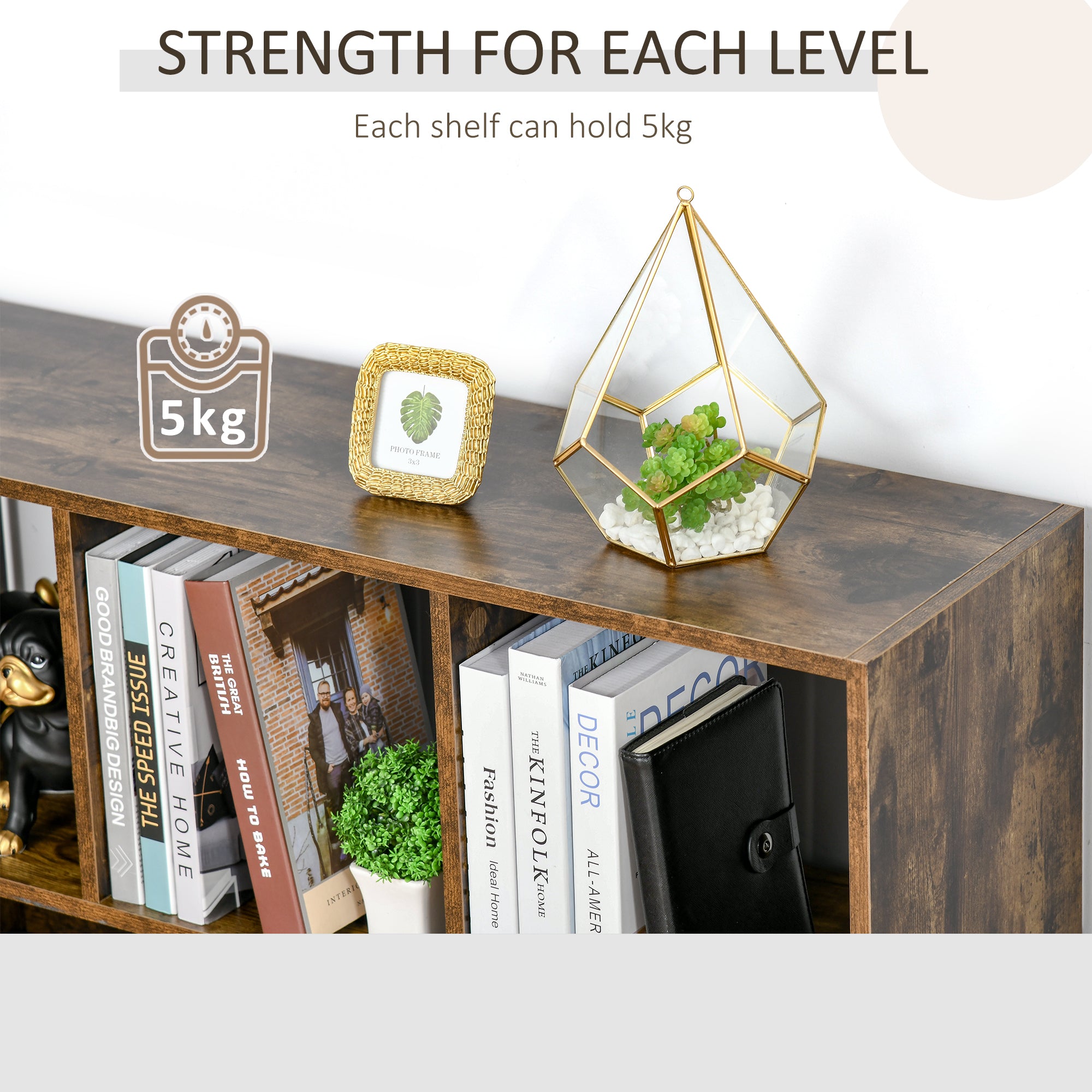 HOMCOM Storage Shelf 3-Tier Bookcase Display Rack Home Organizer for Home Office, Living Room, Playroom, Rustic Brown - North Peak Garden Furniture