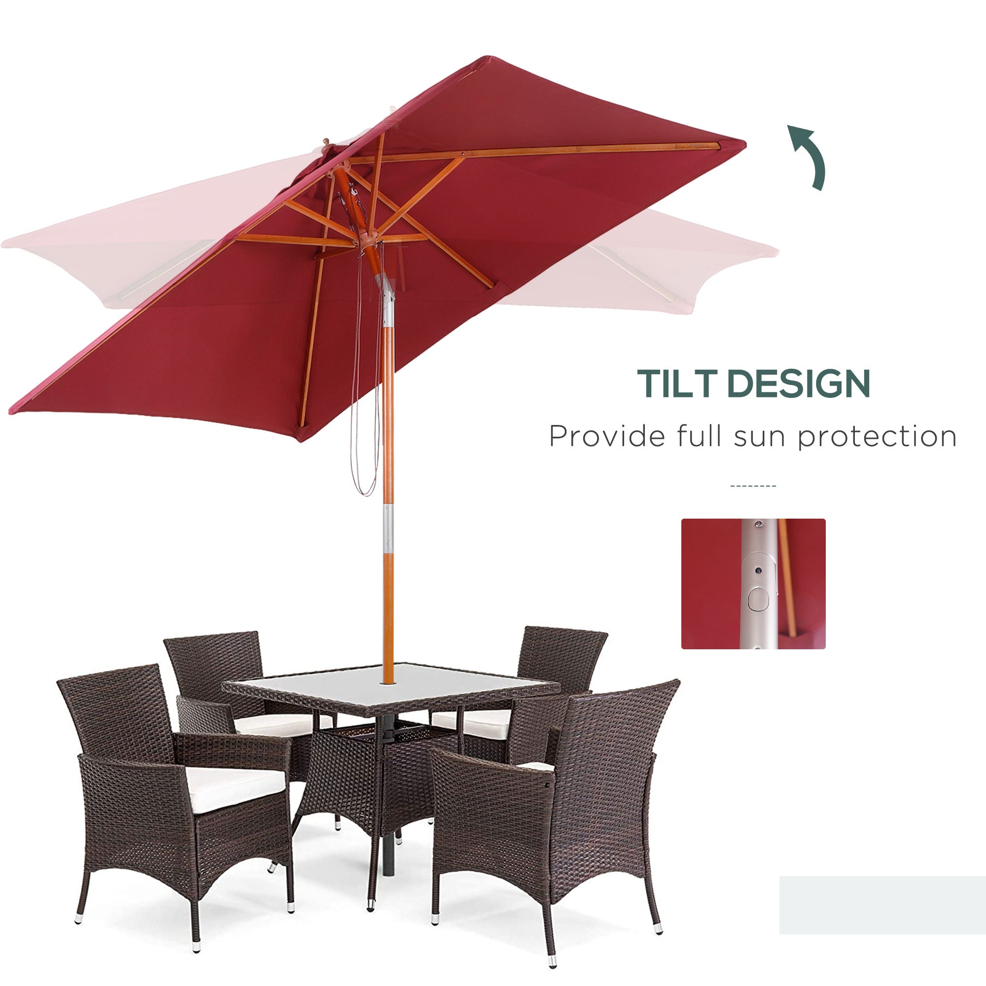 Outsunny 2m x 1.5m Garden Parasol Umbrella with Tilting Sunshade Canopy, Outdoor Market Table Umbrella with Wood and Bamboo Frame, Wine Red - North Peak Garden Furniture