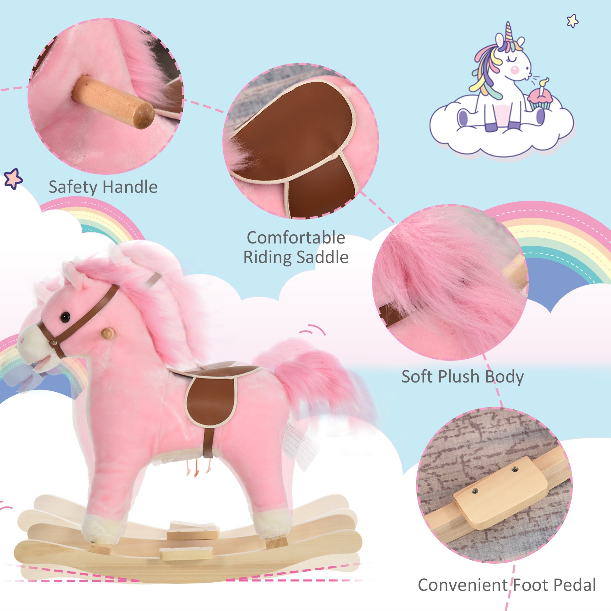 HOMCOM Kids Plush Rocking Horse w/ Sound Moving Mouth Wagging Tail Children Rocker Ride On Toy Gift 3-6 Years Pink