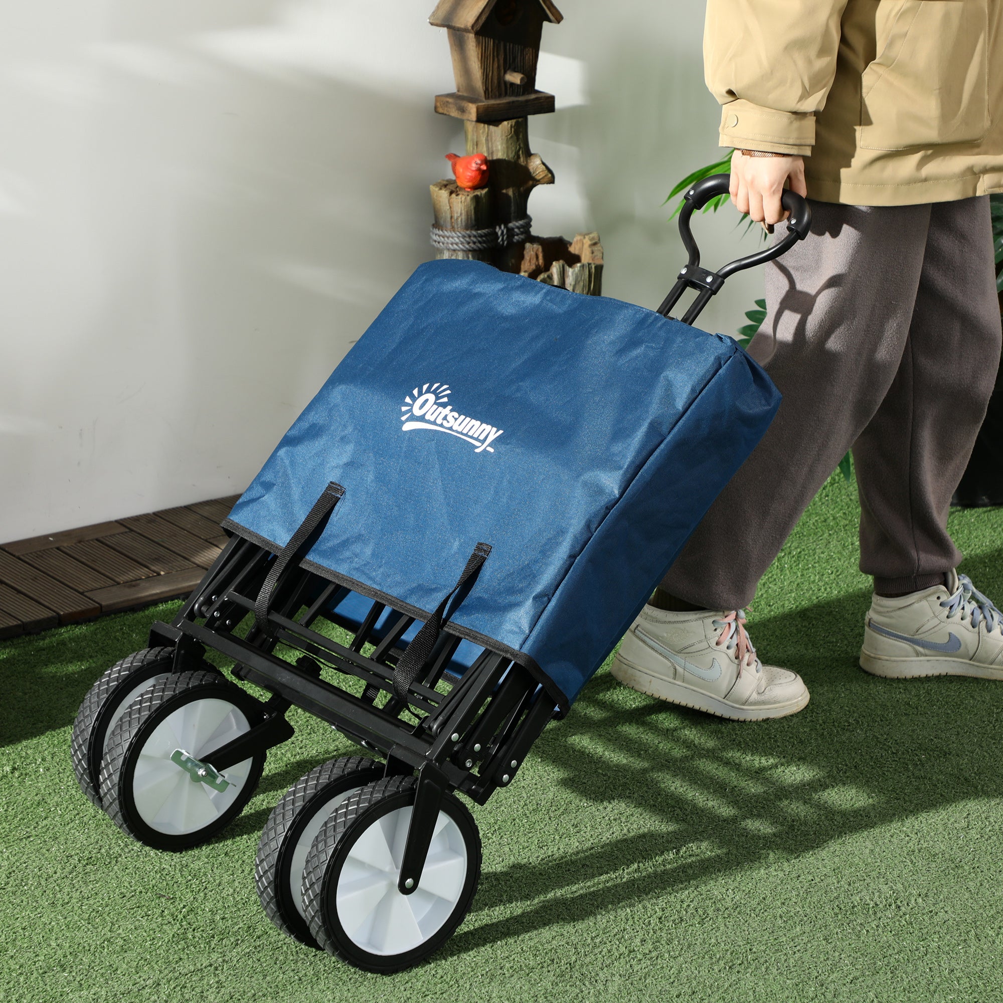 Outsunny 90L Folding Garden Trolley Cart Pull Along Wagon with Telescopic Handle for Beach Camping Festival - Navy Blue