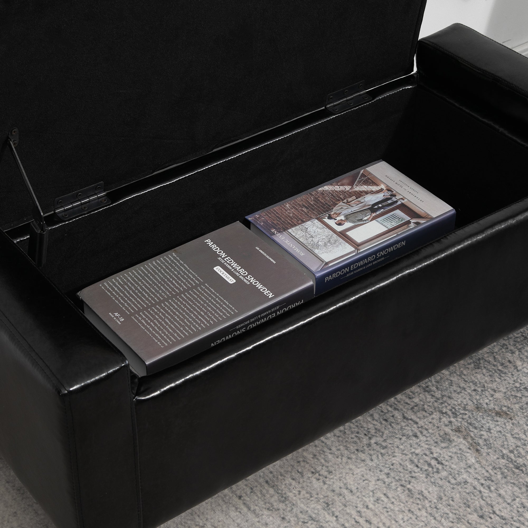 HOMCOM PU Leather Storage Ottoman Bench Storage Chest Tufted Ottoman Cube w/ Flipping Top 92L x 40W x 40H cm Black - North Peak Garden Furniture
