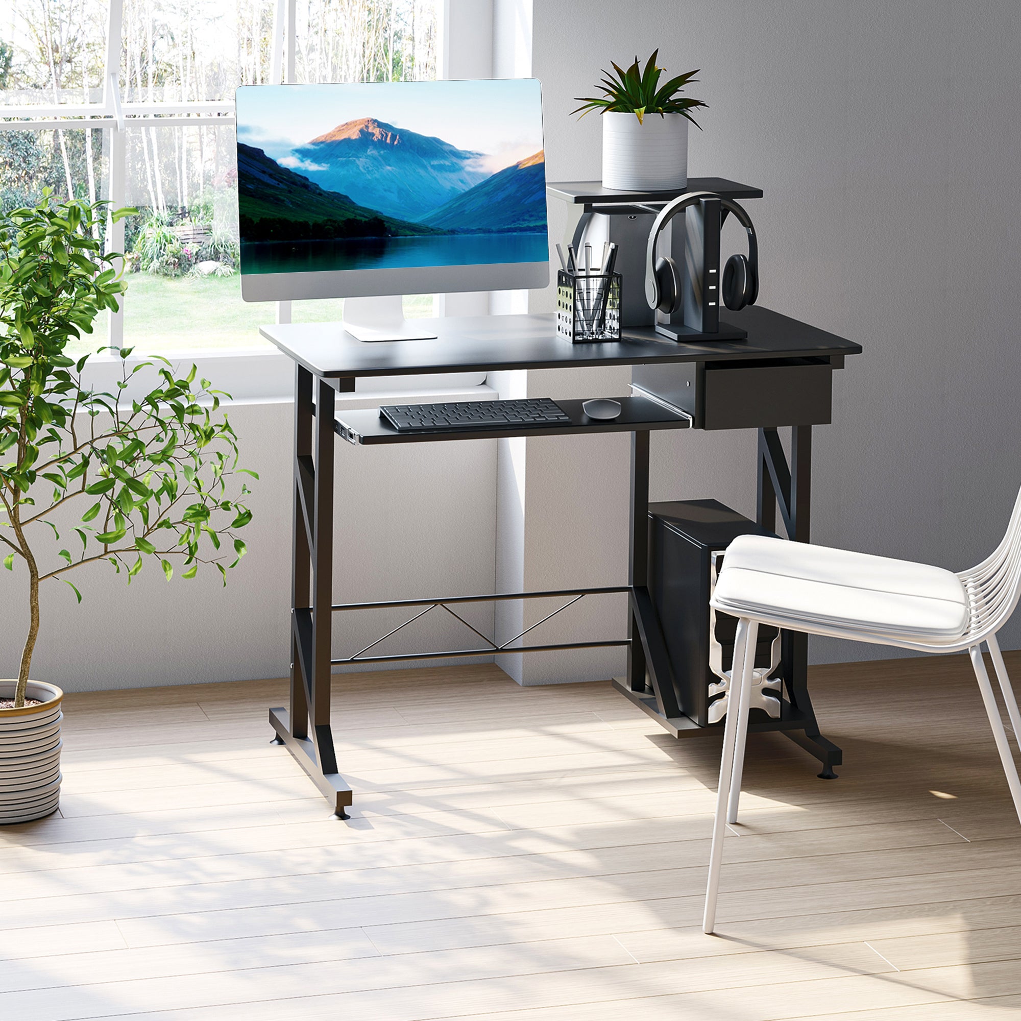 HOMCOM Computer Desk with Display Stand, Sliding Keyboard Tray Drawer and Host Box Shelf Home Office Workstation Black - North Peak Garden Furniture