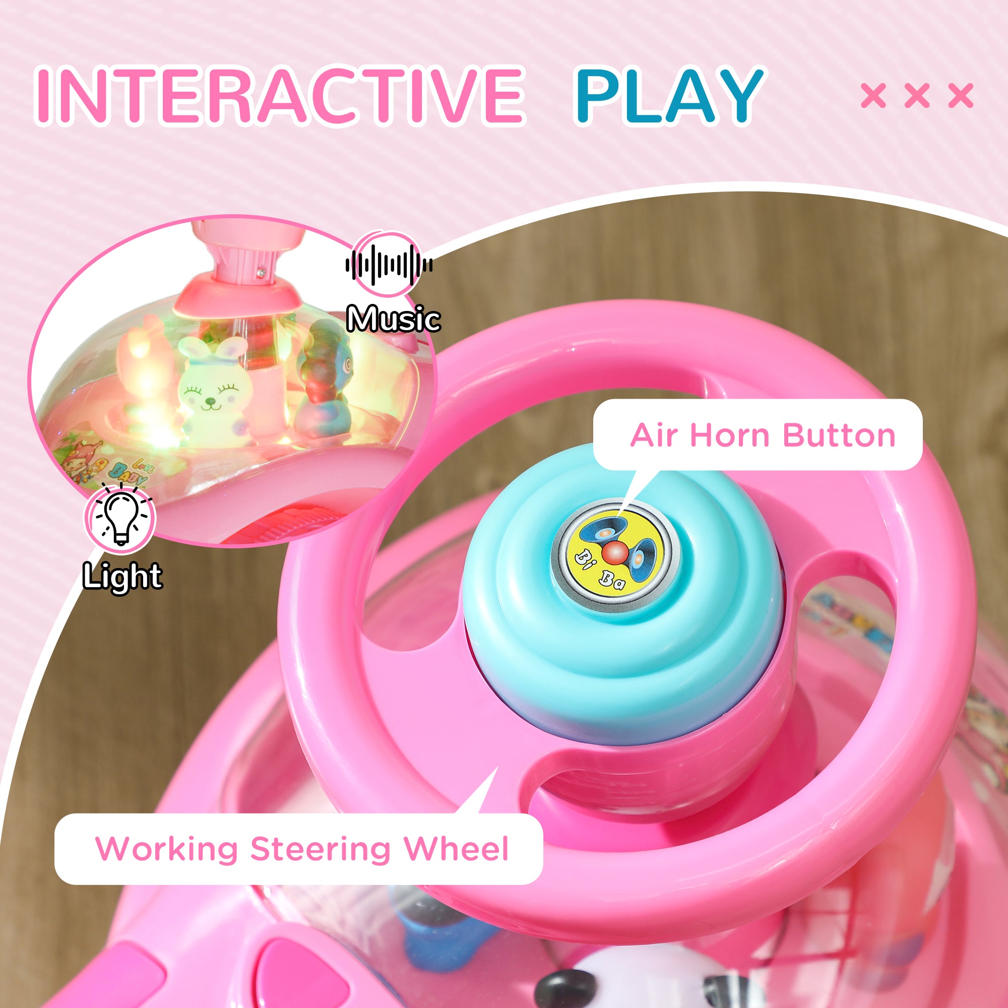 AIYAPLAY Foot to Floor oddler Ride on Toy w/ Music, Light, Horn, Under Seat Storage, Anti-Over-Backwards Device, Pink - North Peak Garden Furniture