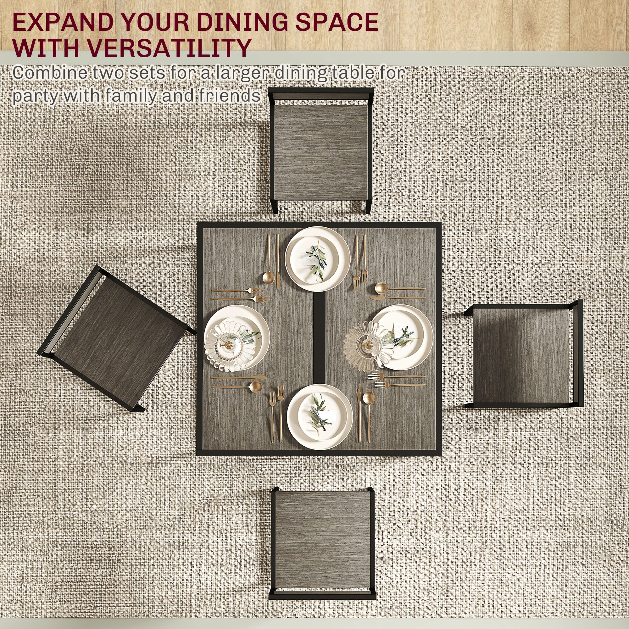 HOMCOM Dining Table and Chairs Set 2, Dining Room Sets, Rectangular Space Saving Table and 2 Chairs for Compact Kitchens, Steel Frame, Grey Wood-Effect - North Peak Garden Furniture