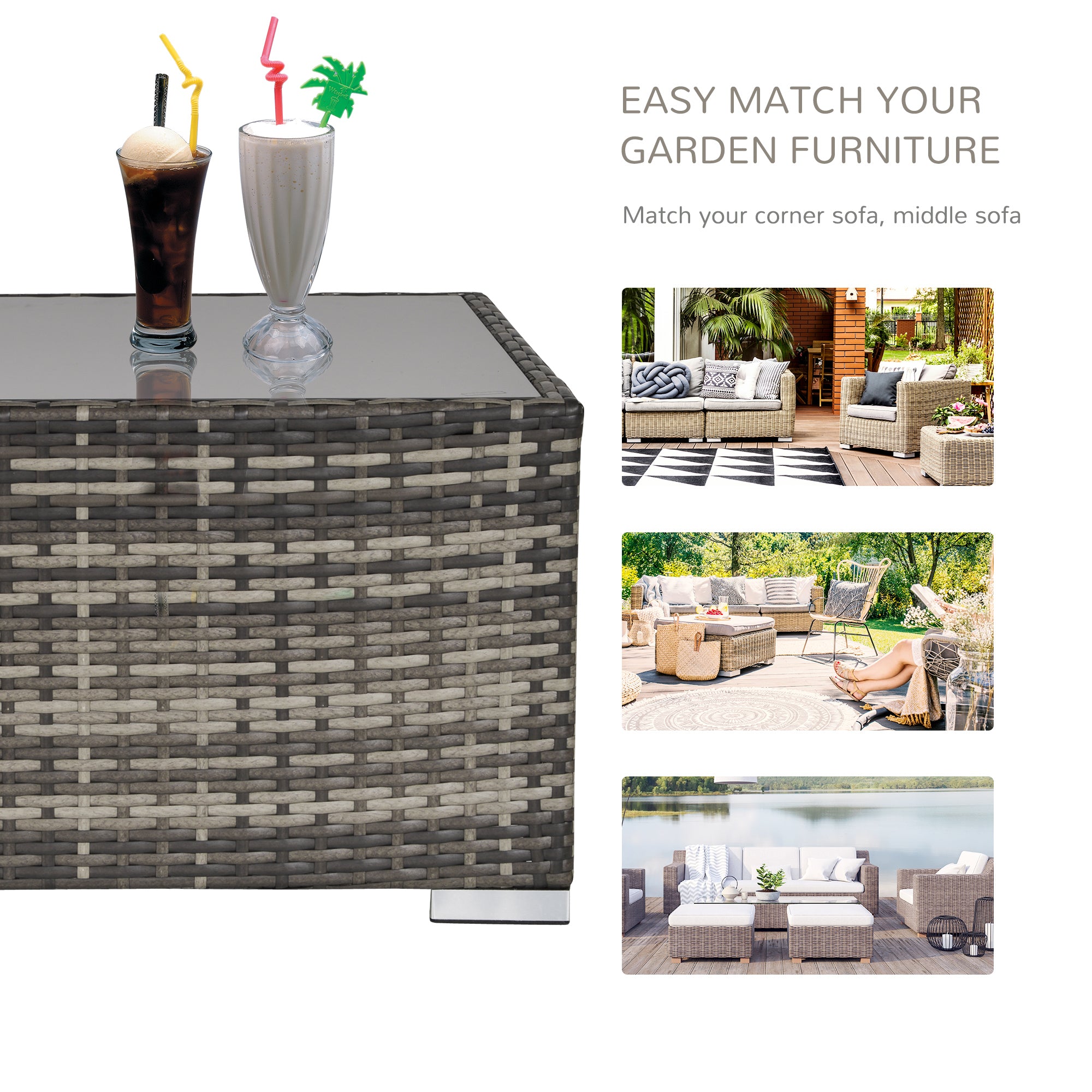 Outsunny Square PE Wicker Rattan Table with Glass Top - Dark Grey