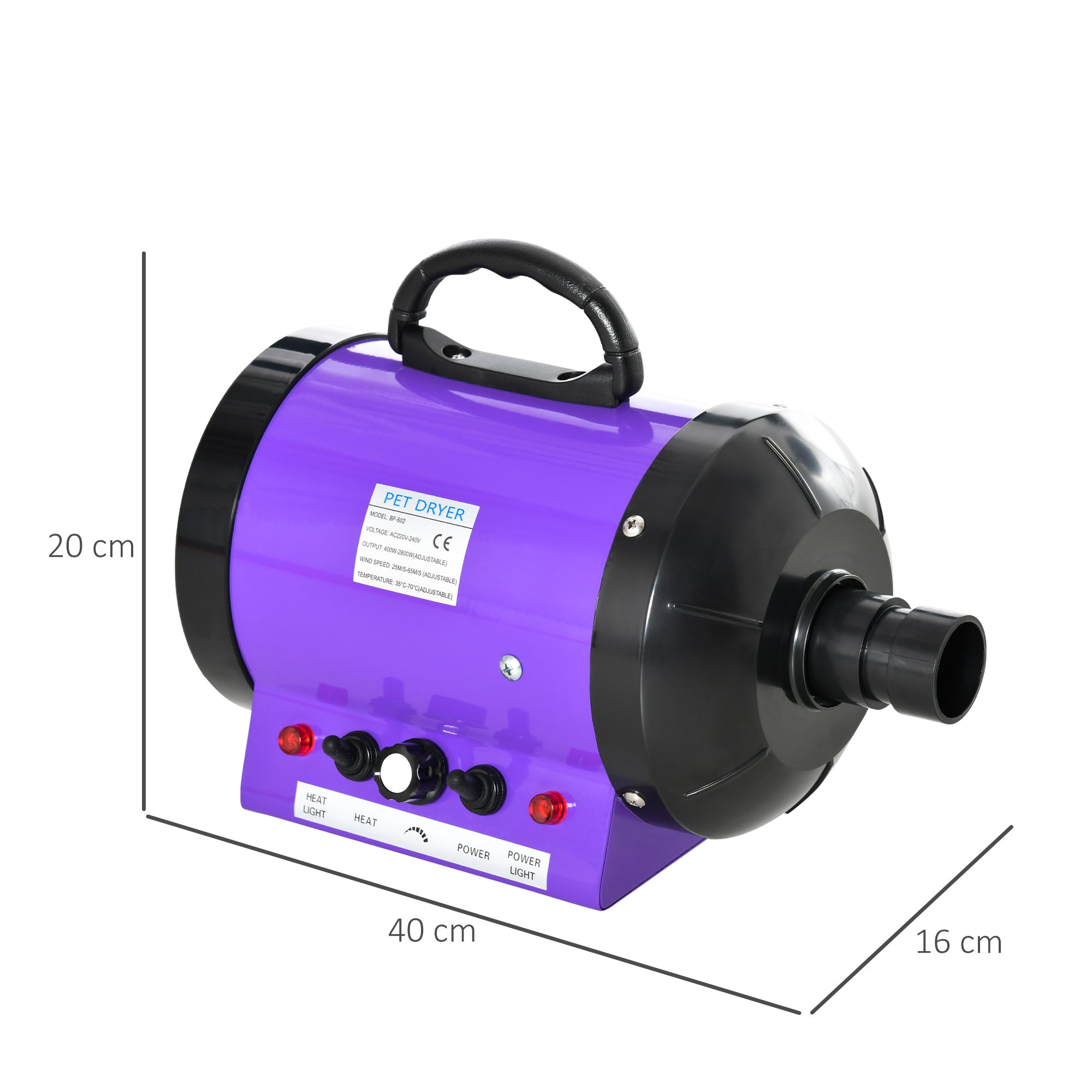 PawHut 2800W Dog Hair Dryer Pet Grooming Blaster Water Blower Dryer w/ 3 Nozzles, Purple - North Peak Garden Furniture