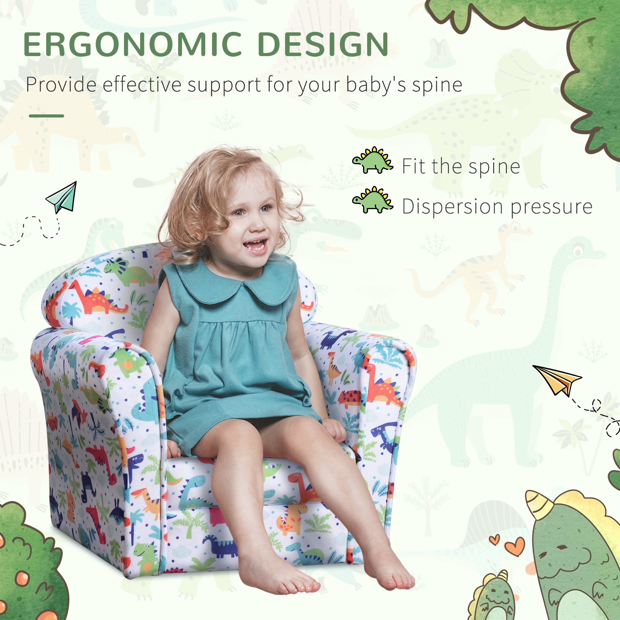 HOMCOM Children Armchair Kids Sofa Tub Chair Seat Cartoon Dinosaur Pattern Bedroom Flannel Wooden Frame Non-slip Playroom Seater