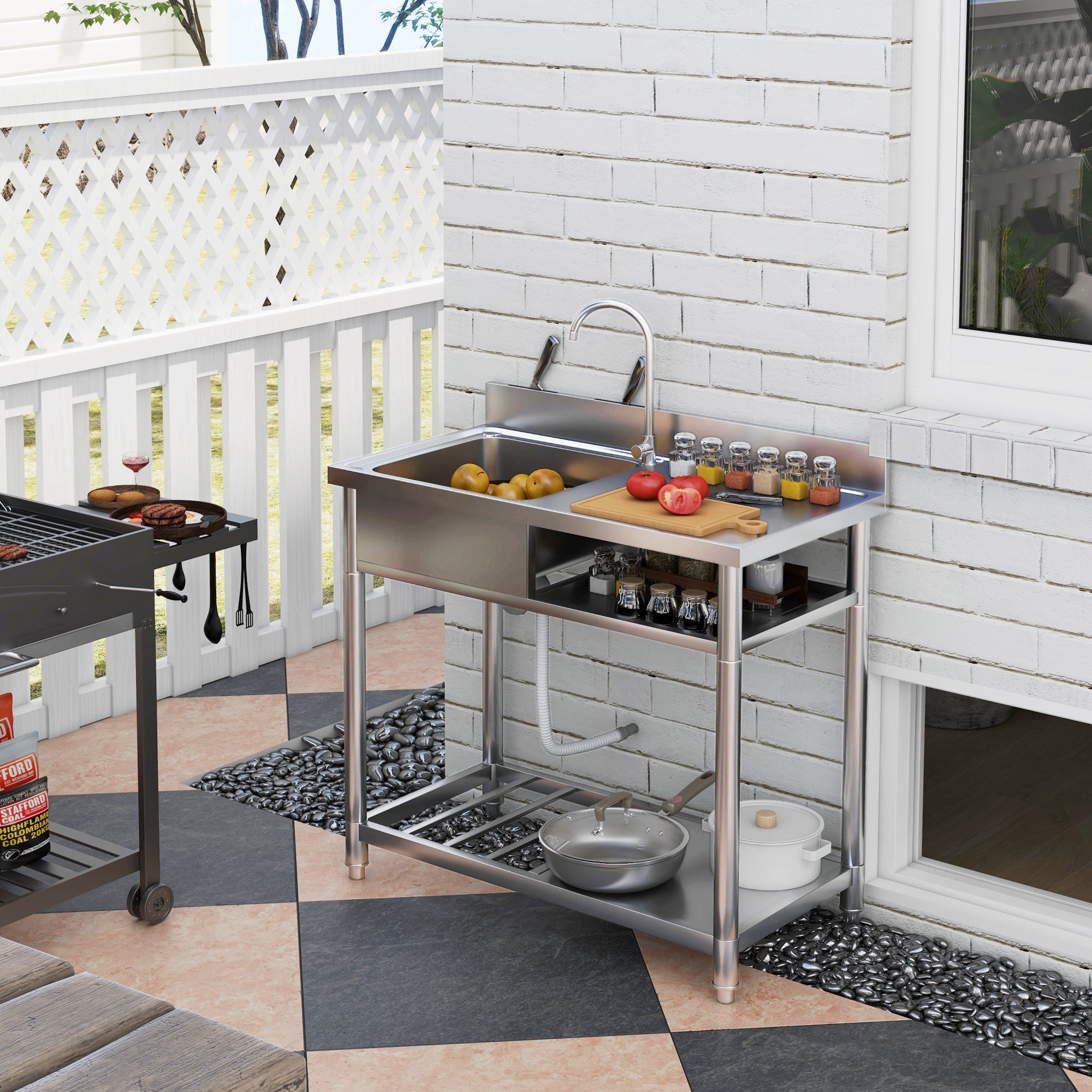 HOMCOM Outdoor Stainless Steel Kitchen Sink, Freestanding Sink Single Bowl with Cold and Hot Water Pipe and Storage Shelves - North Peak Garden Furniture