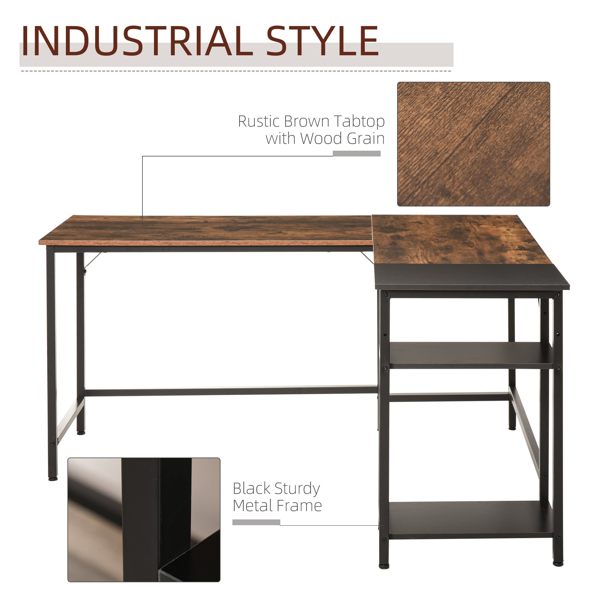 HOMCOM L-Shaped Computer Desk Industrial Corner Writing Desk with Adjustable Storage Shelf Space-Saving Home Office Workstation 150 x 120 x 75 cm Rustic Brown - North Peak Garden Furniture