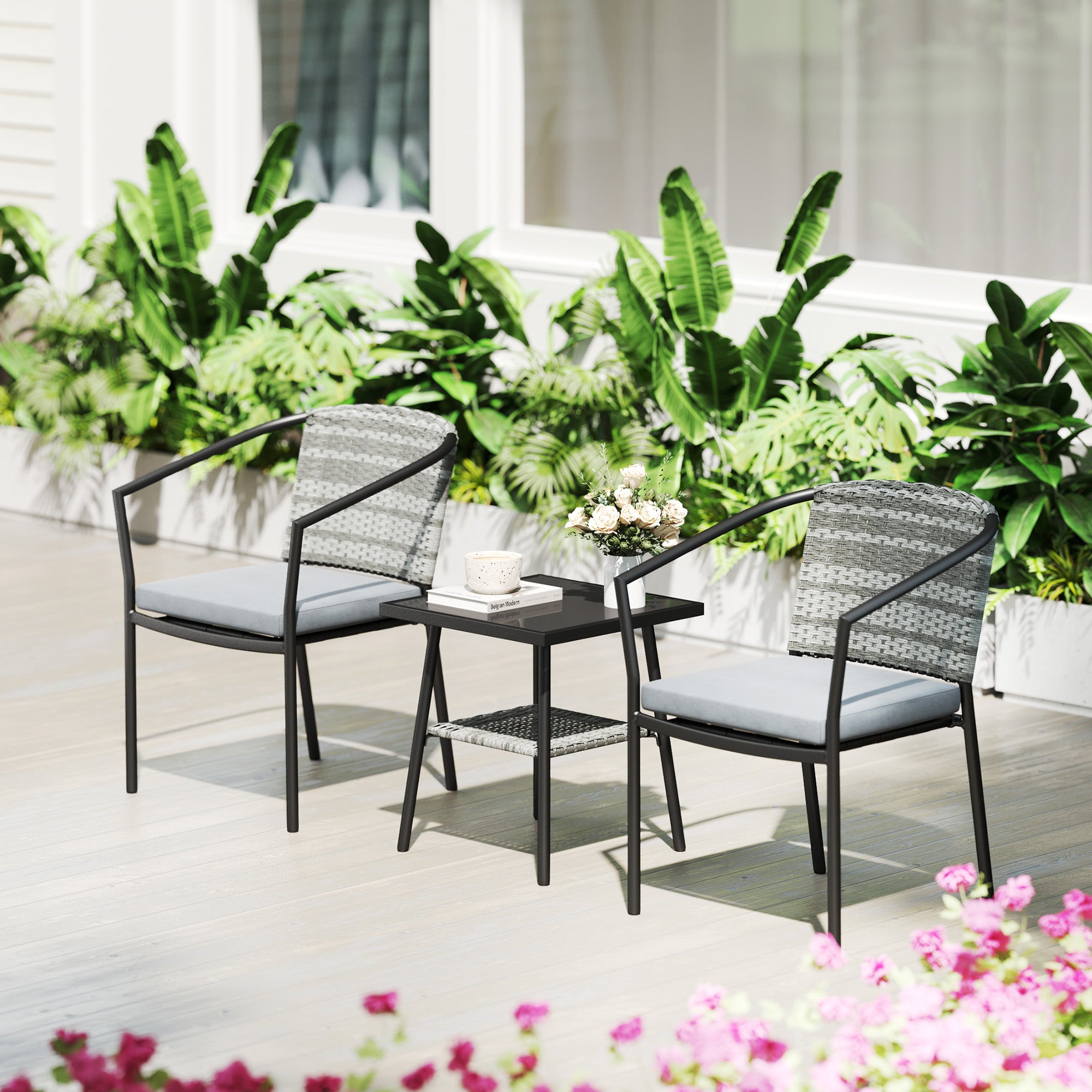 Outsunny 3 Pieces Rattan Bistro Set with Cushions, Wicker Garden Furniture Set, Glass Top Coffee Table and Chairs for Outdoor Patio, Balcony, Terrace and Conservatory, Grey - North Peak Garden Furniture