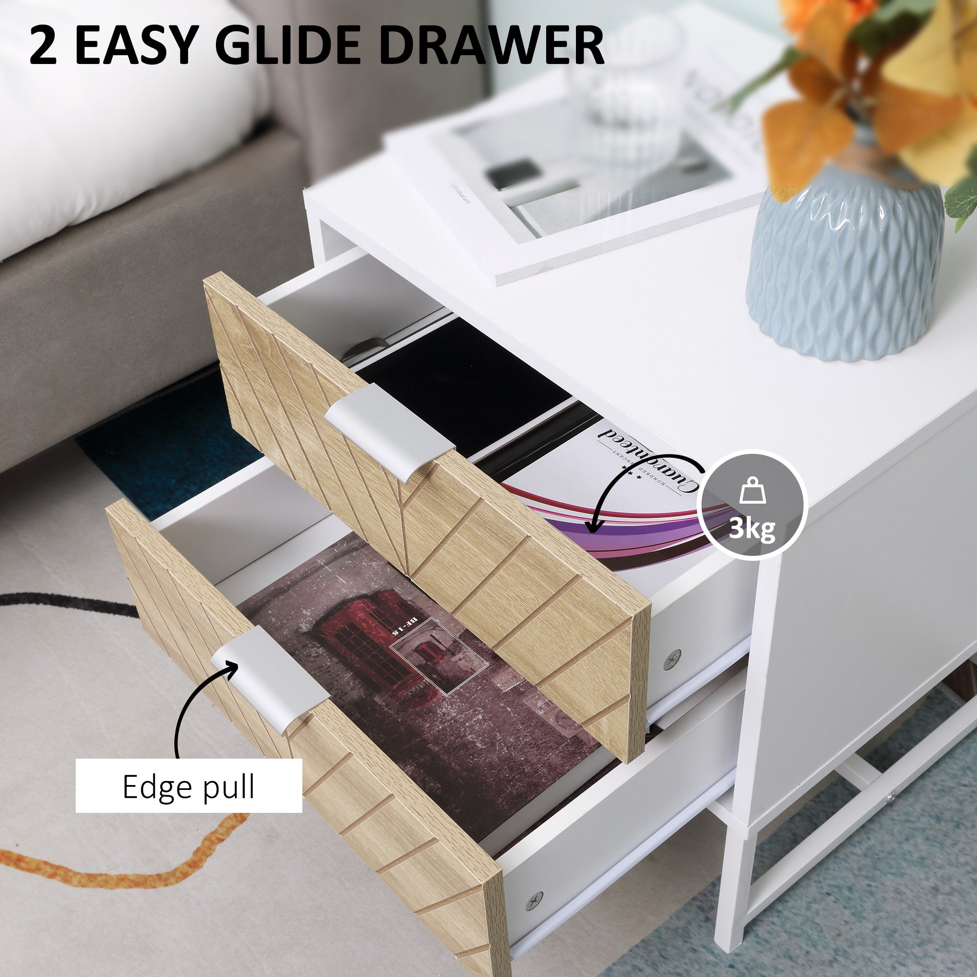 HOMCOM Modern Bedside Table with 2 Drawers and Metal Frame, Sofa Side Table for Bedroom Living Room, Set of 2, White and Oak - North Peak Garden Furniture
