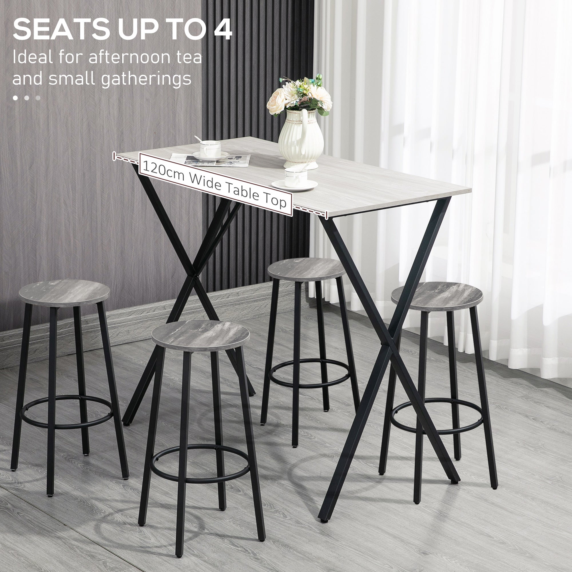 HOMCOM 120 cm Rectangular Bar Table for 4 People, Modern Kitchen Table with Wood Effect Tabletop, Steel Legs, for Living Room, Home Bar, White - North Peak Garden Furniture