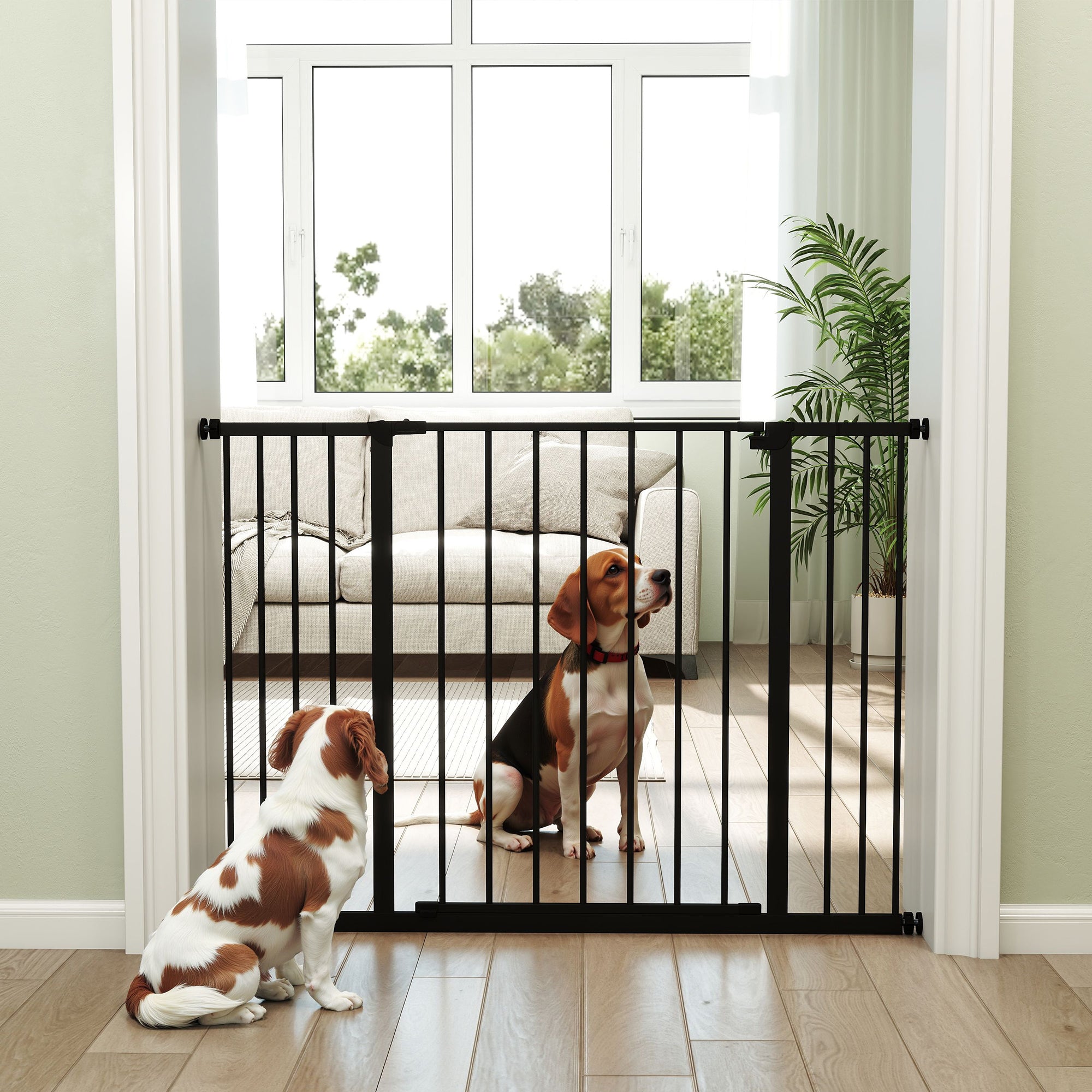 PawHut Dog Gate Pet Safety Gate Stair Barrier Pressure Fit Adjustable 76-82/86-97/101-107 cm, Black - North Peak Garden Furniture
