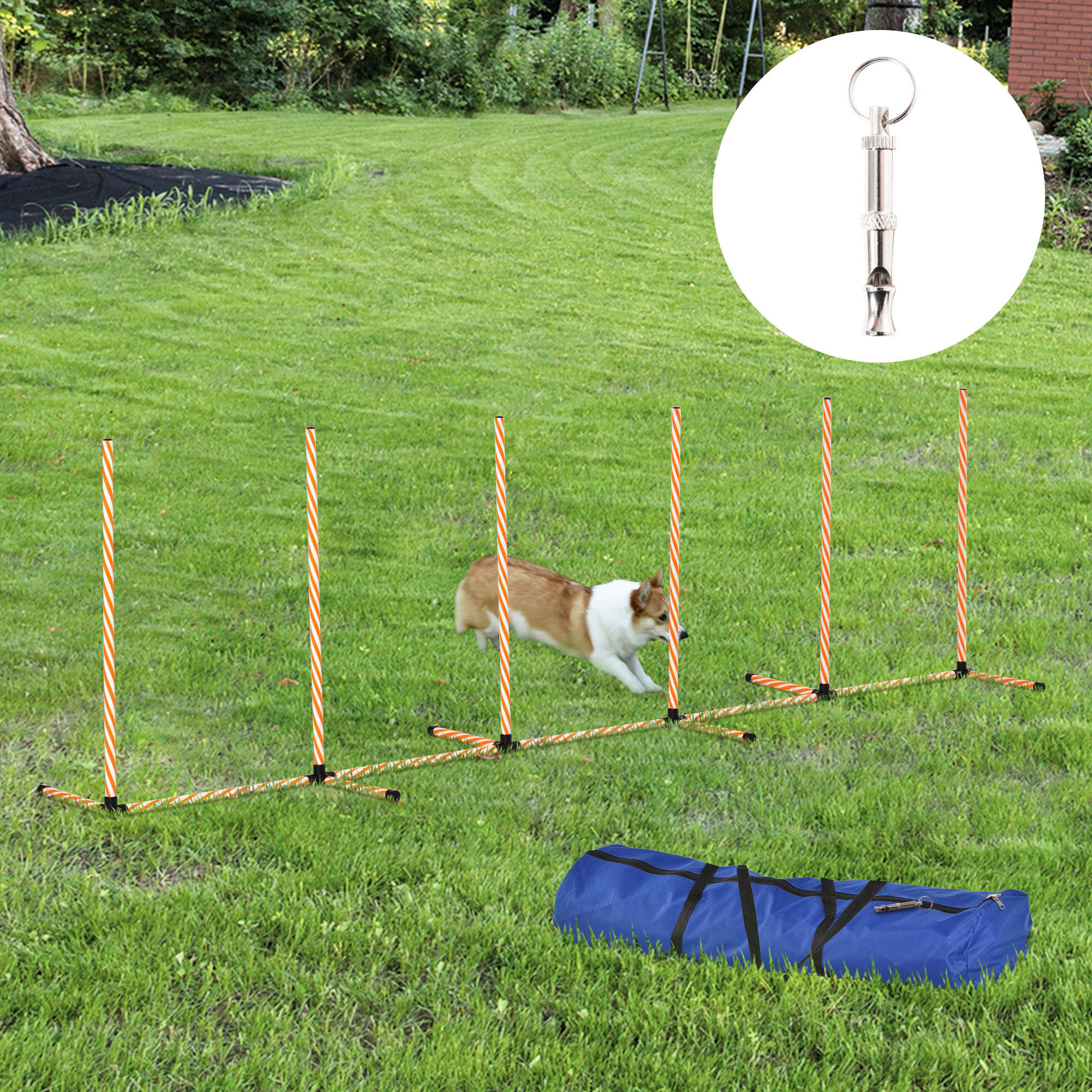 PawHut Dog Agility Equipment Pet Outdoor Training Play Run Obstacle w/ 6 Weaves Poles Whistle Carrying Bag - North Peak Garden Furniture