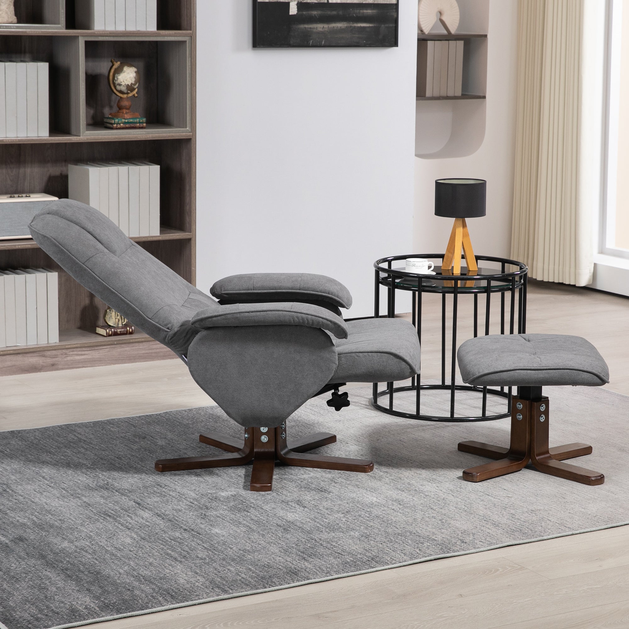 HOMCOM Linen Swivel Recliner Chair with Footstool, Upholstered Reclining Armchair with Wooden Base for Living Room, Grey - North Peak Garden Furniture