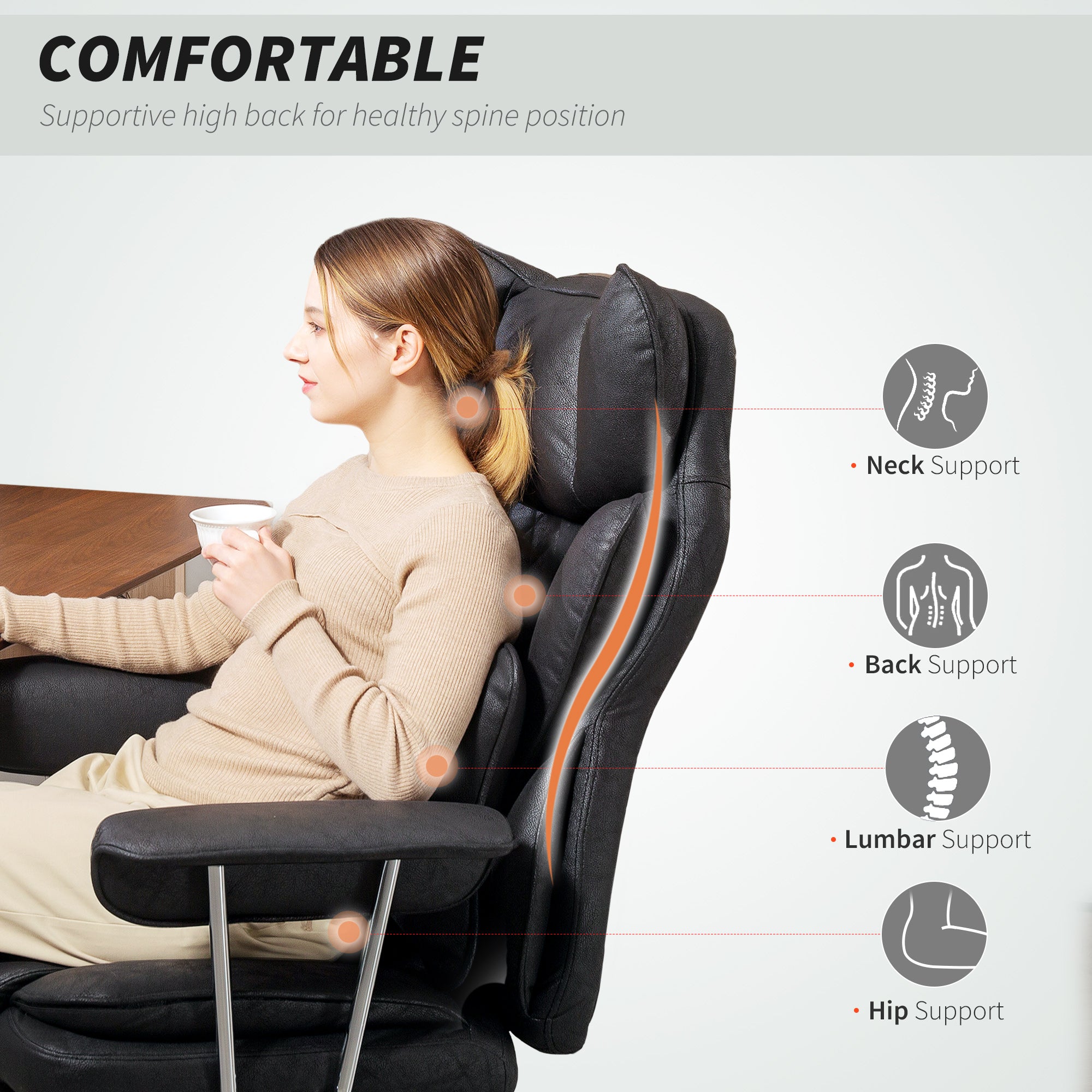 HOMCOM Leathaire Reclining Office Chair with Lumbar Support Pillow - Black - North Peak Garden Furniture