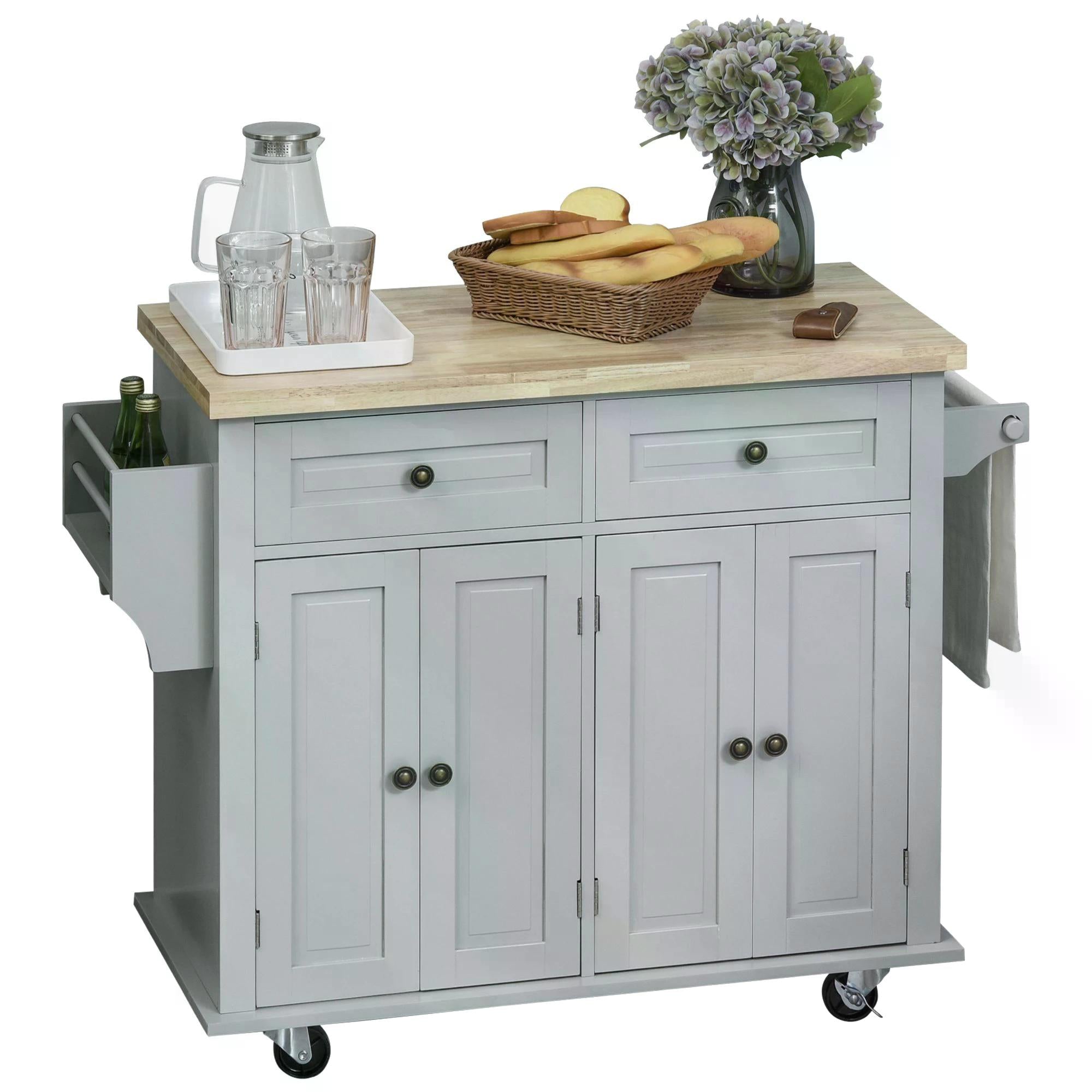 HOMCOM Rolling Kitchen Island Storage Trolley with Rubber Wood Top & Drawers for Dining Room, Grey