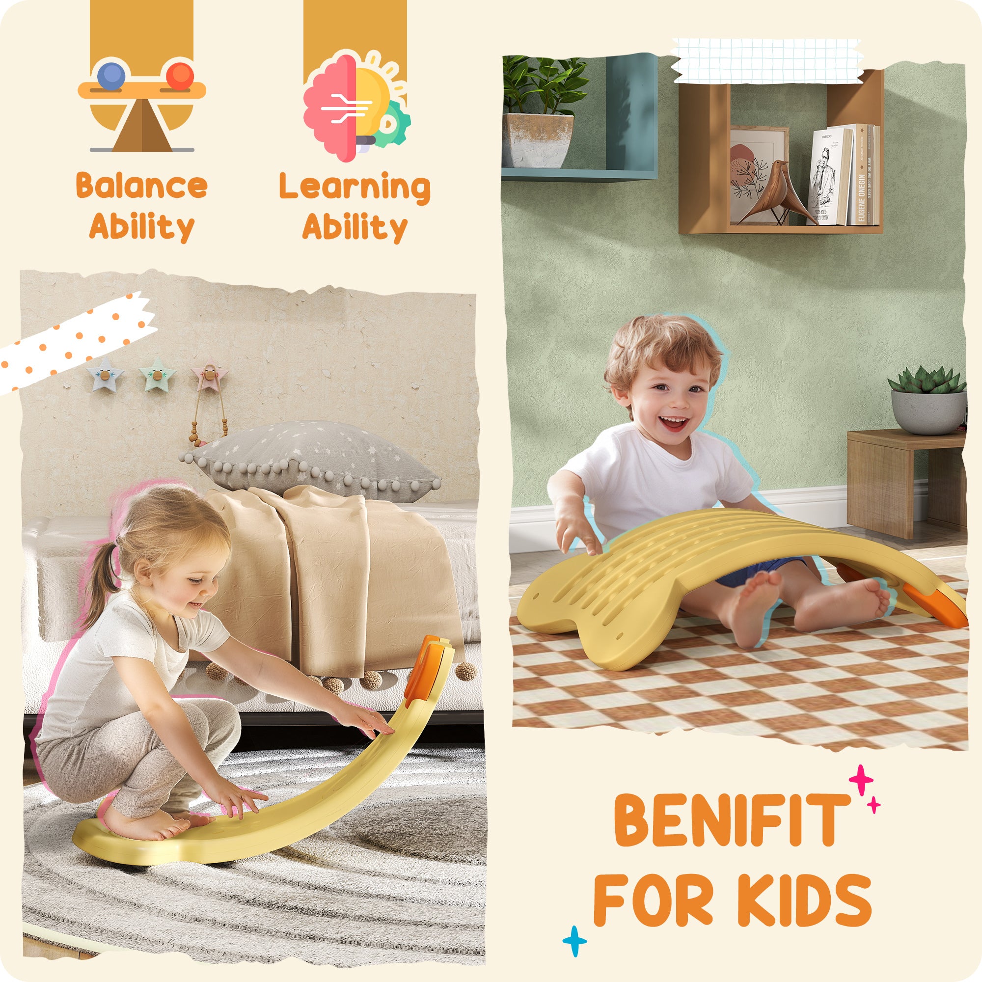 AIYAPLAY Balance Board for Kids Balance Training & Sensory Play, Yellow - North Peak Garden Furniture