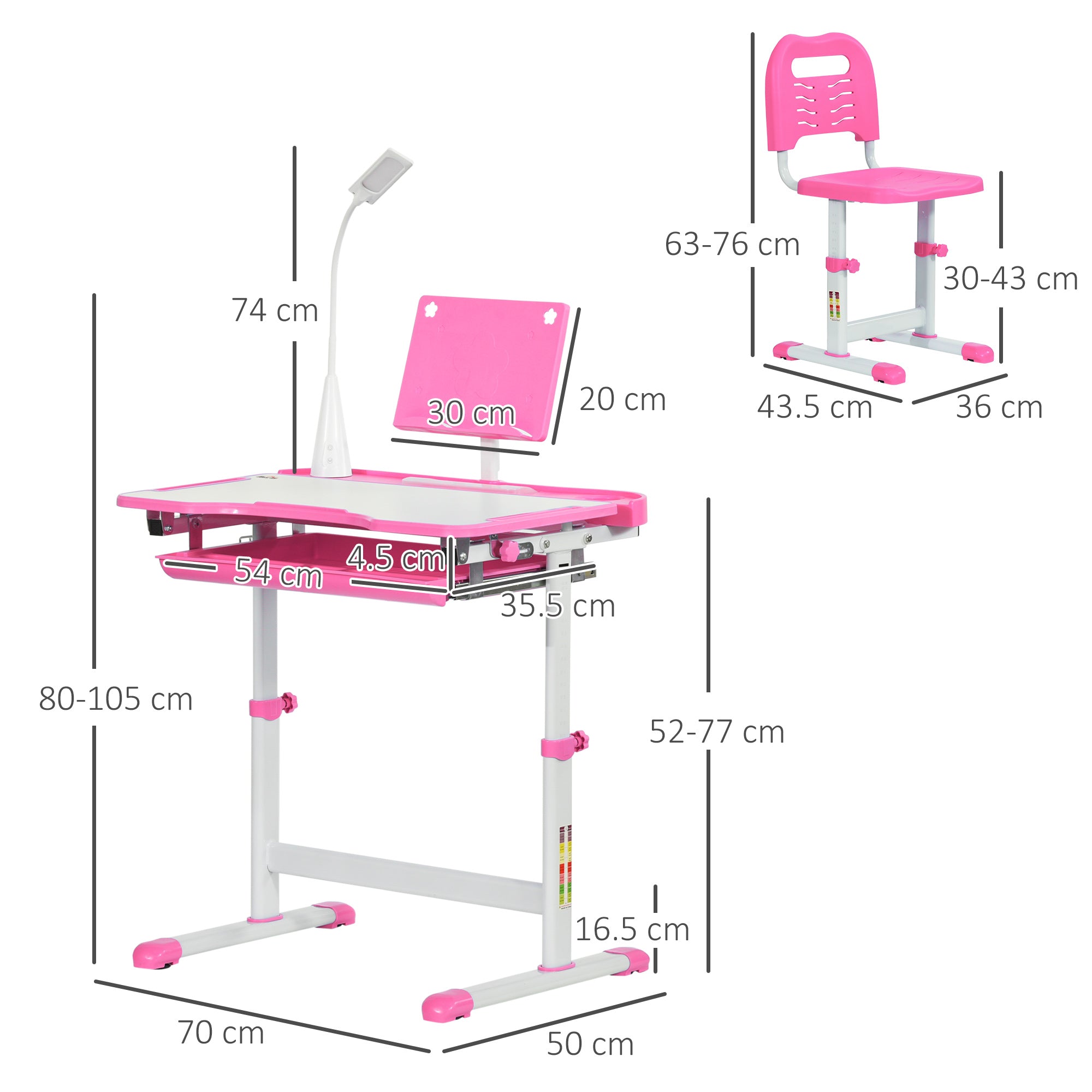 HOMCOM Kids Study Desk and Chair Set w/ Adjustable Height, Storage, Drawer, Pink - North Peak Garden Furniture