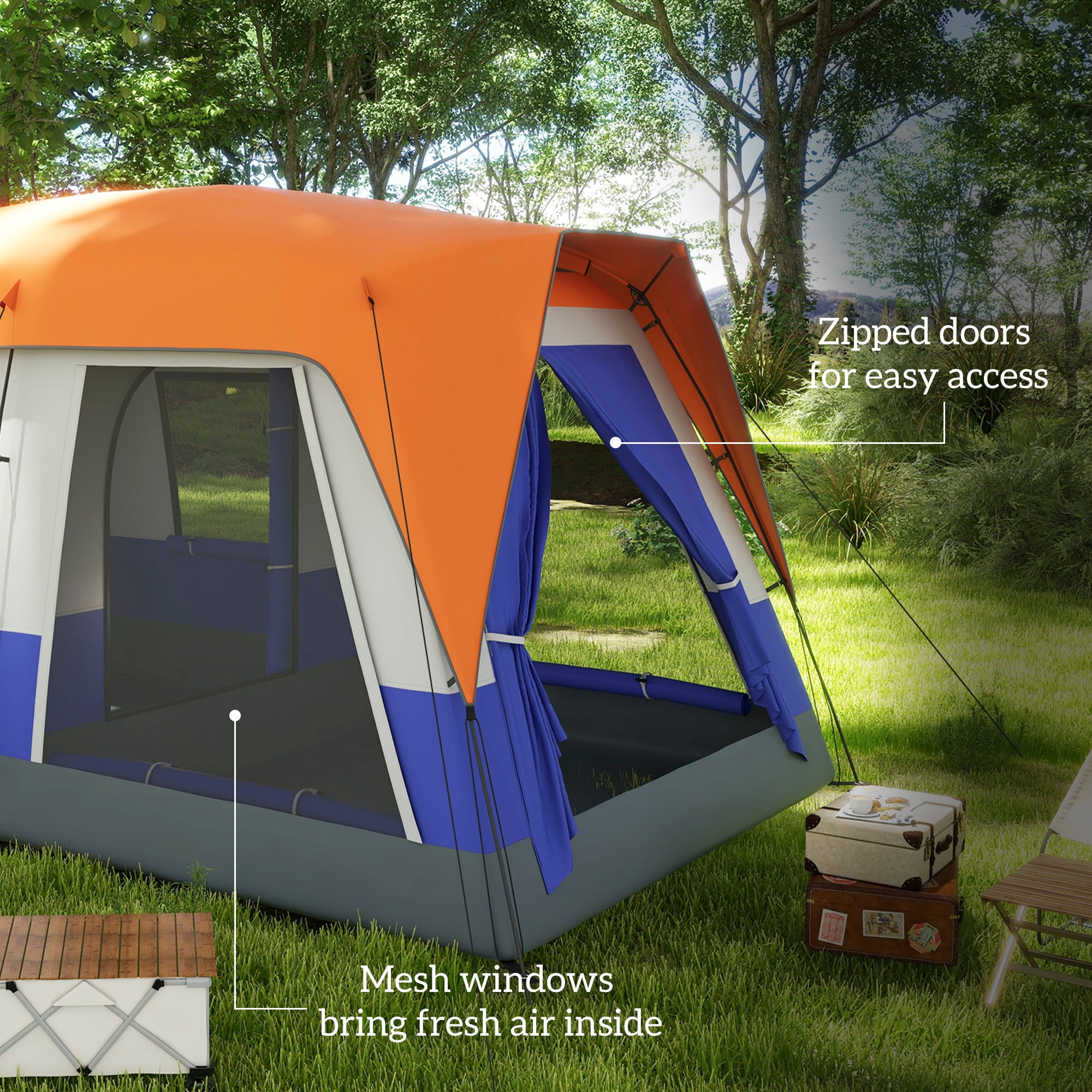 Outsunny Six-Man Camping Tent, with Small Rainfly and Accessories - Orange - North Peak Garden Furniture
