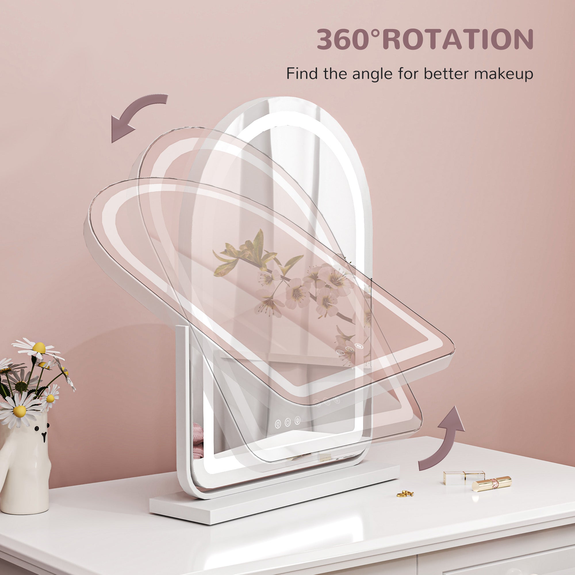 HOMCOM LED Vanity Mirror with Lights, 43 x 59cm Lighted Makeup Mirror with 3 Colour, 360° Rotation, Touch Screen, for Bedroom and Dressing Room, White - North Peak Garden Furniture