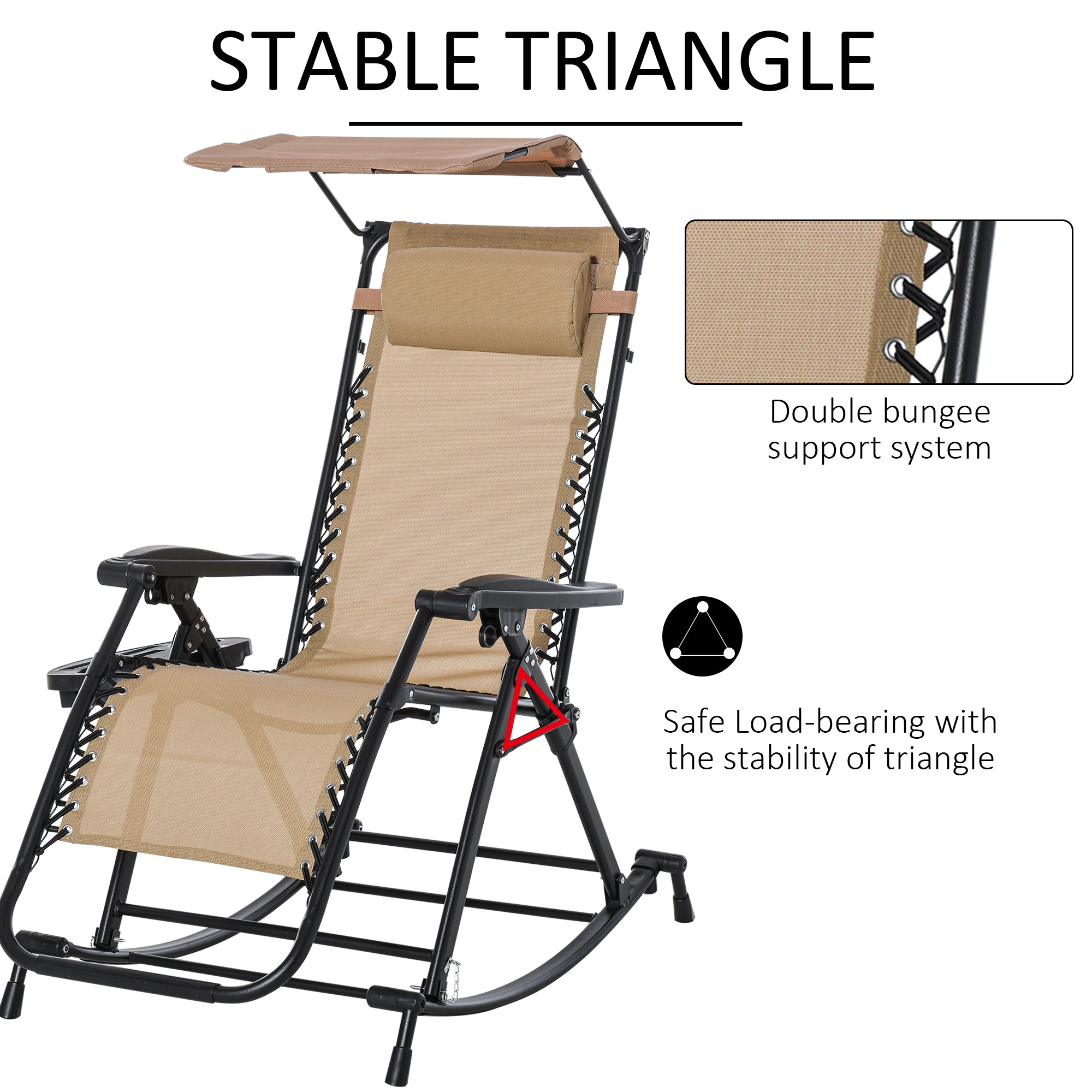 Outsunny Garden Rocking Chair Folding Recliner Outdoor Adjustable Sun Lounger Rocker Zero-Gravity Seat with Headrest Side Holder Patio Deck - Beige - North Peak Garden Furniture