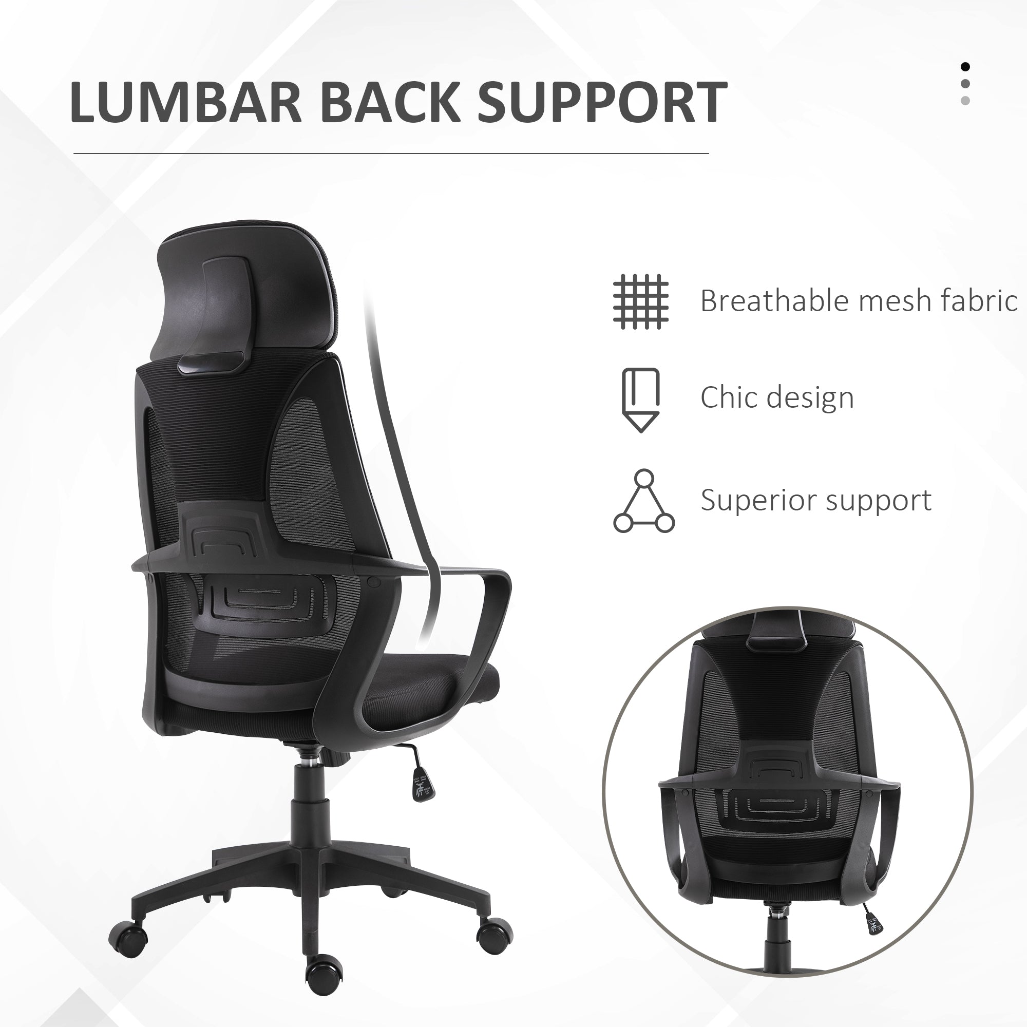Vinsetto Ergonomic Office Chair, High Back Computer Chair, Mesh Desk Chair with Lumbar Support, Headrest, Wheel, Adjustable Height, Black - North Peak Garden Furniture