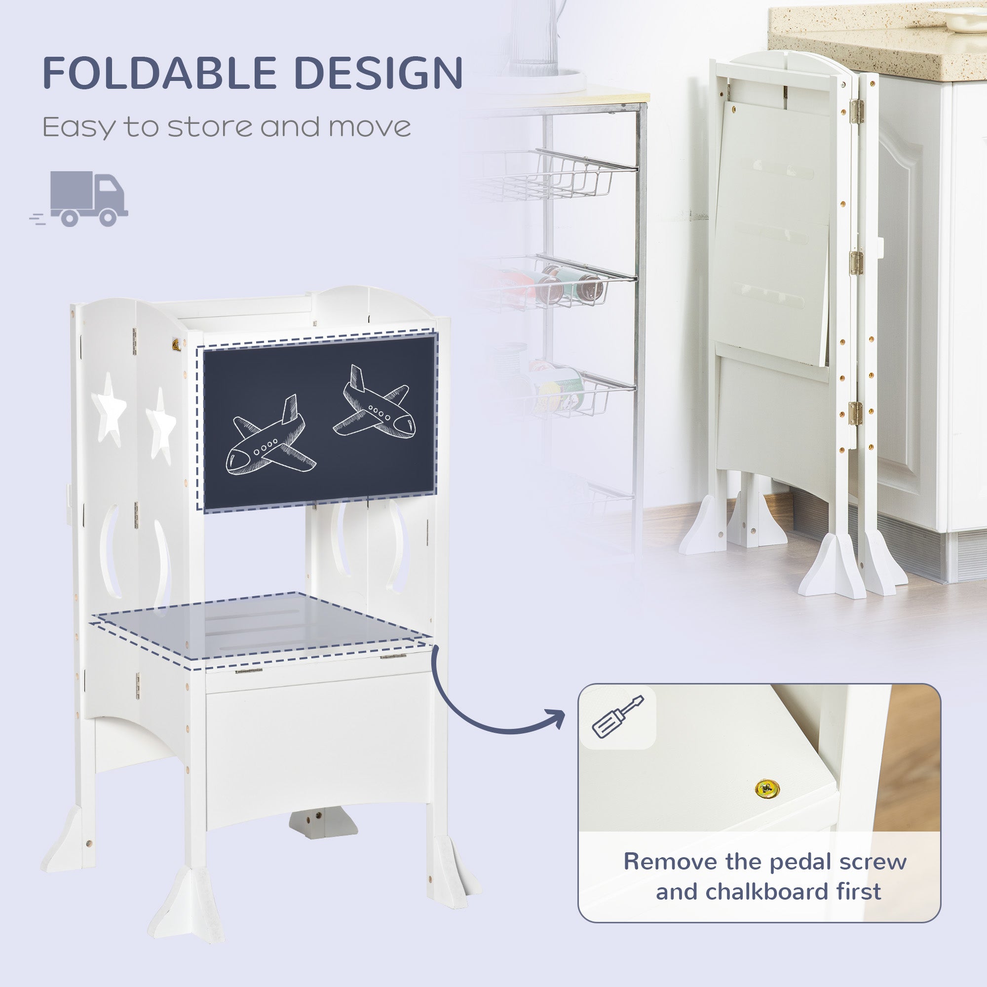 HOMCOM Kids Step Stool Toddler Kitchen Stool with Blackboard Lockable Handrail for Kids Kitchen Counter White - North Peak Garden Furniture