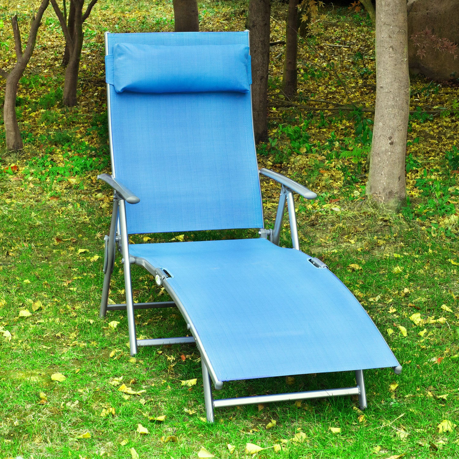 Outsunny Sun Lounger Steel Frame Outdoor Folding Chaise Texteline Lounge Chair Recliner with Headrest & 7 Levels Adjustable Backrest, Blue - North Peak Garden Furniture