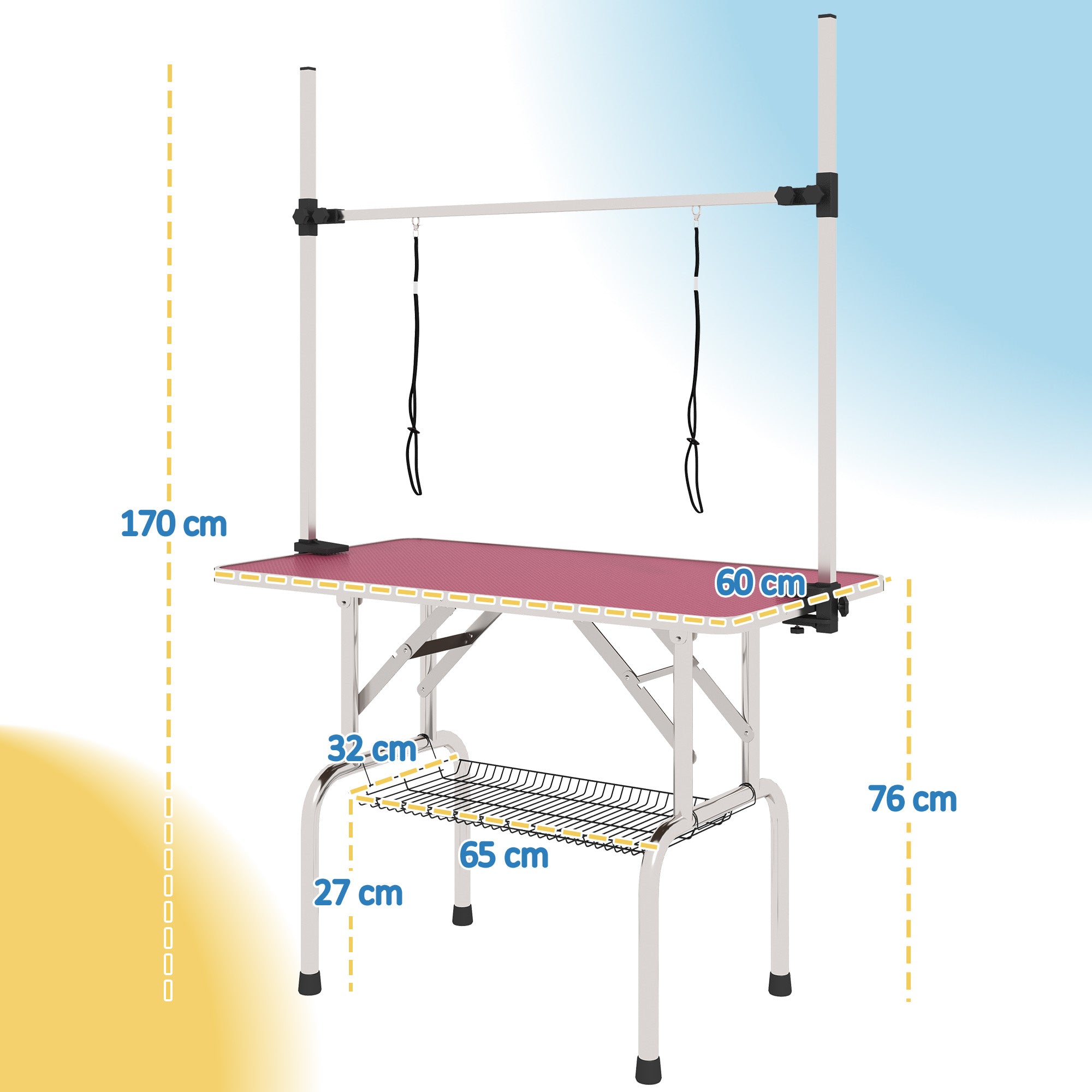 PawHut 42" Dog Grooming Table, Adjustable Pet Cat Drying Beauty Table with 2 Loops Storage Basket, Rubber Top, Pink