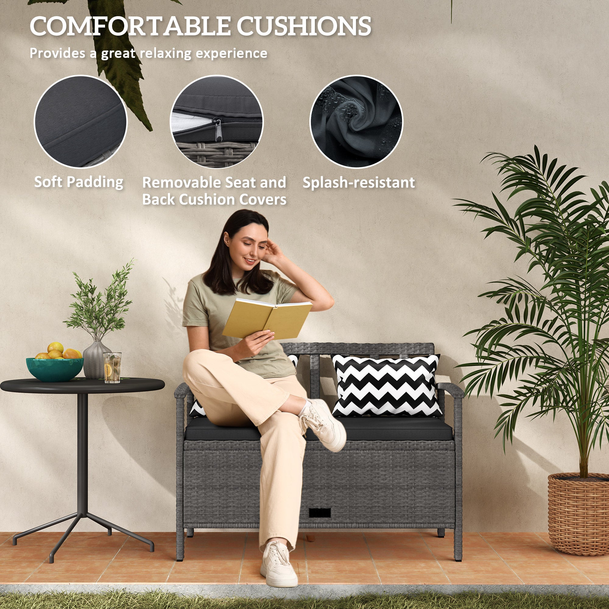 Outsunny 160L Storage Two-Seater Rattan Bench - Grey - North Peak Garden Furniture