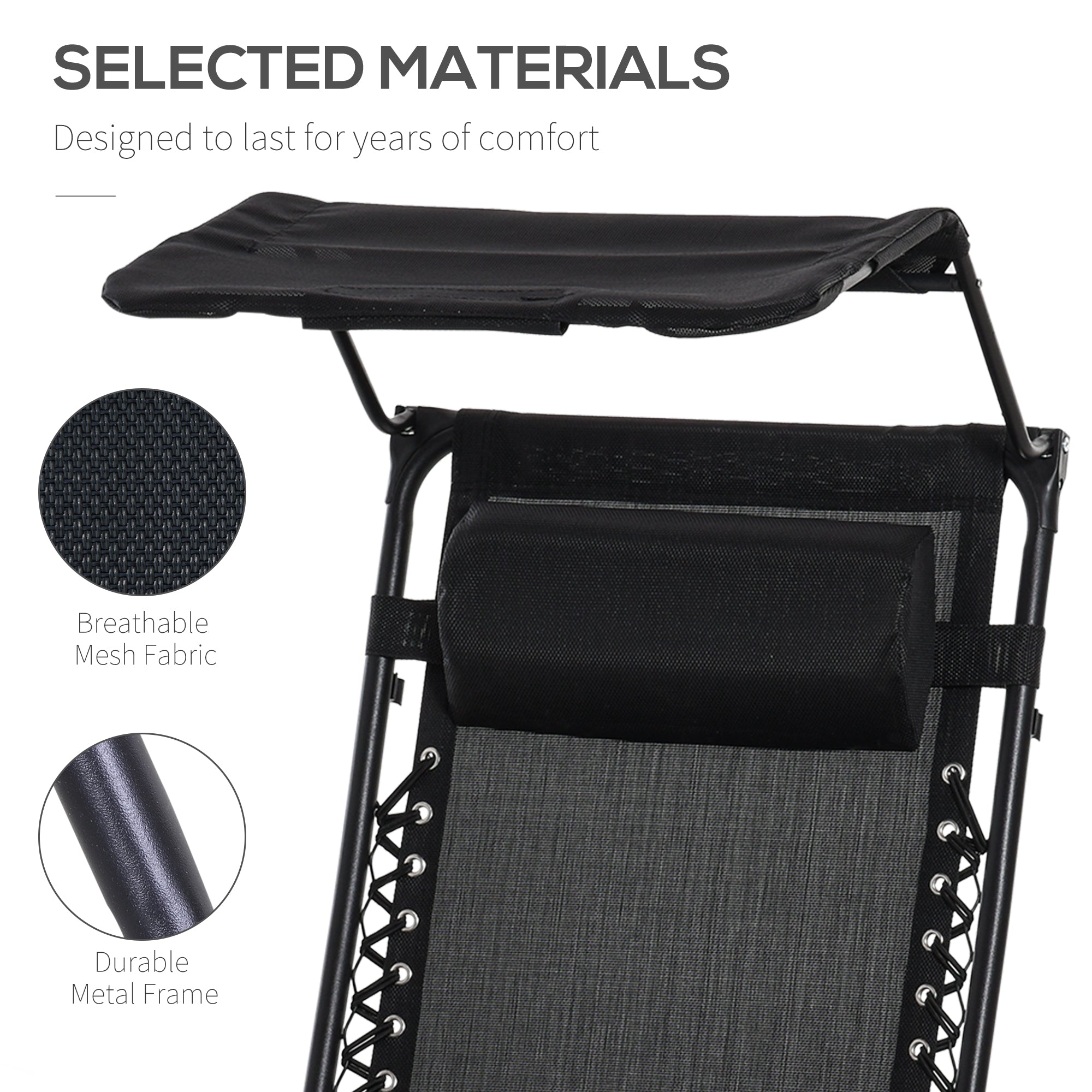 Outsunny 2 Piece Foldable Reclining Garden Chair with Headrest, Zero Gravity Deck Sun Lounger Seat Chair with Footrest, Armrest, Cup Holder & Canopy Shade, Black - North Peak Garden Furniture