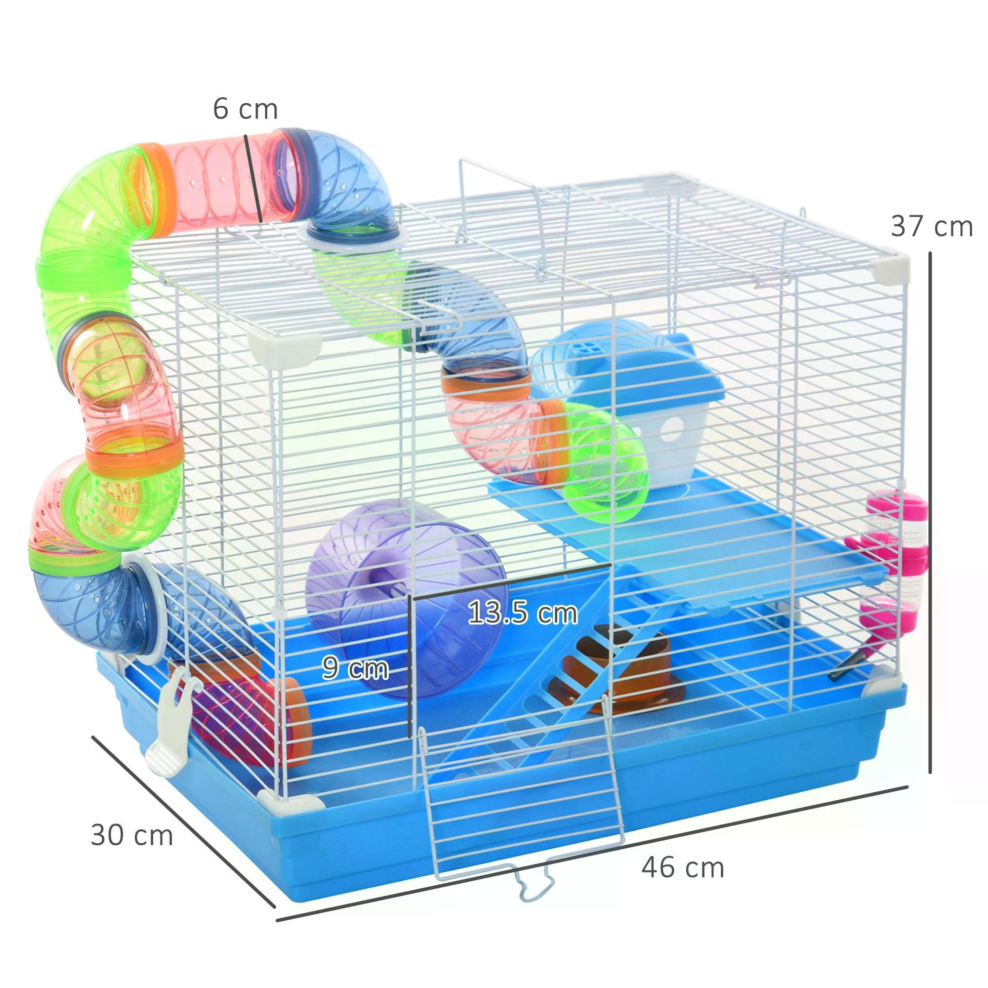 Pawhut 2 Tier Hamster Cage Carrier Habitat Small Animal House with Exercise Wheels Tunnel Tube Water Bottle Dishes House Ladder for Dwarf Mice, Blue