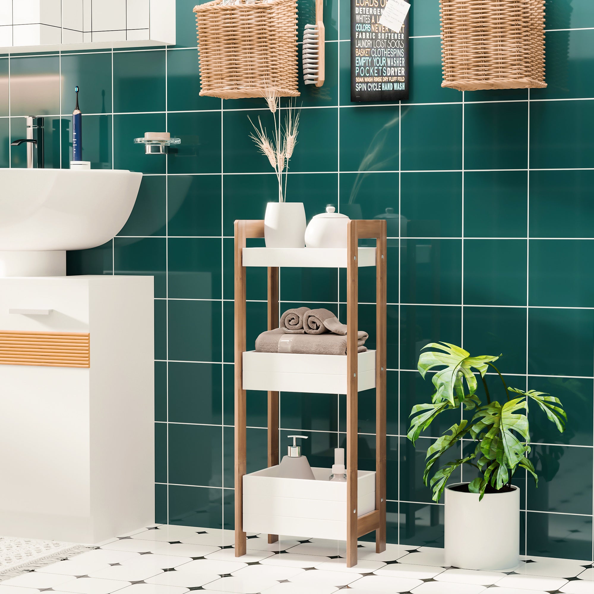 HOMCOM 3-Tier Bathroom Rack Storage Shelf Bamboo Organiser Shower Tower for Narrow Place - North Peak Garden Furniture
