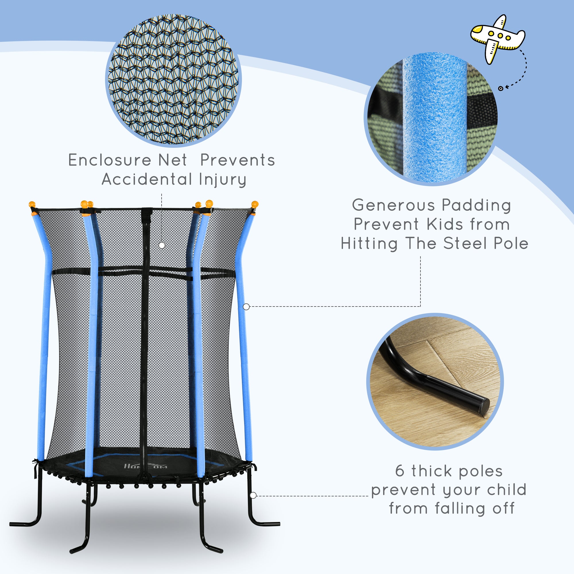 HOMCOM Kids Trampoline Mini Bouncer with Enclosure Safety Net For Ages 3-10 Years - Blue - North Peak Garden Furniture
