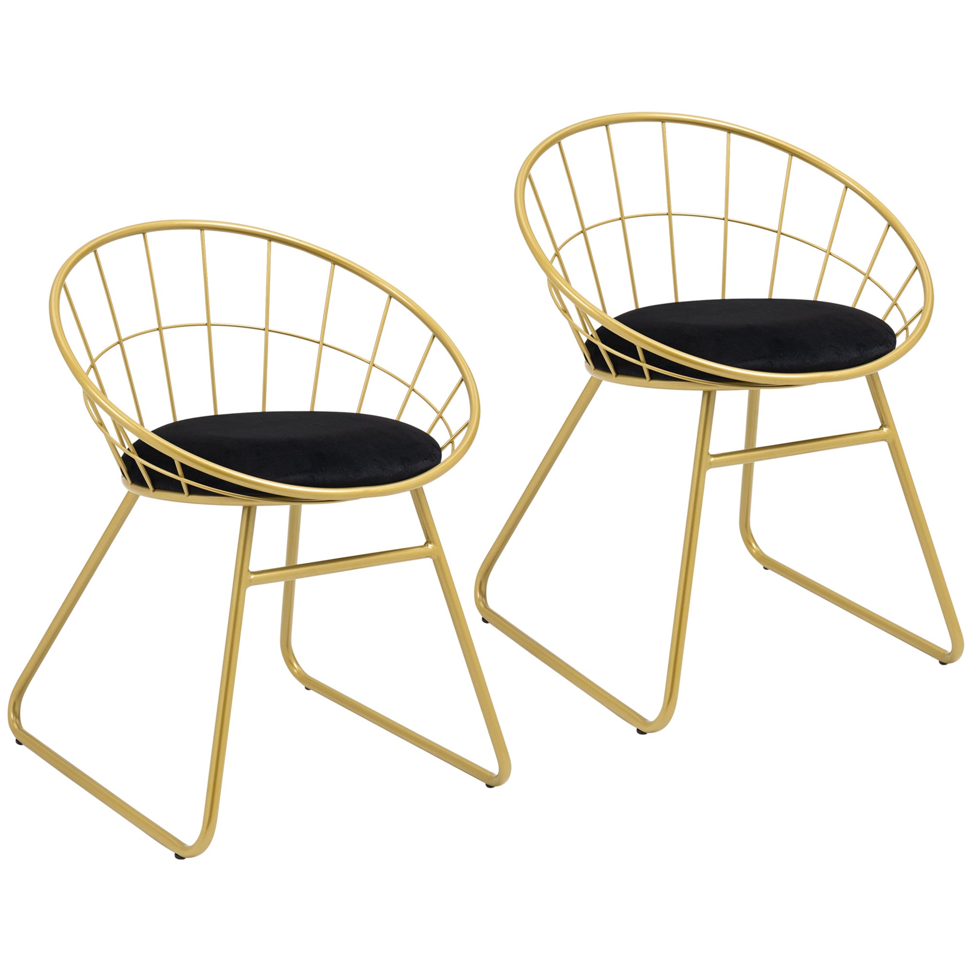 HOMCOM Modern Dining Chairs Set of 2, Metal Wire Kitchen Chair with Velvet-feel Cushion, Round Back and Steel Frame for Living Room, Bedroom, Gold - North Peak Garden Furniture