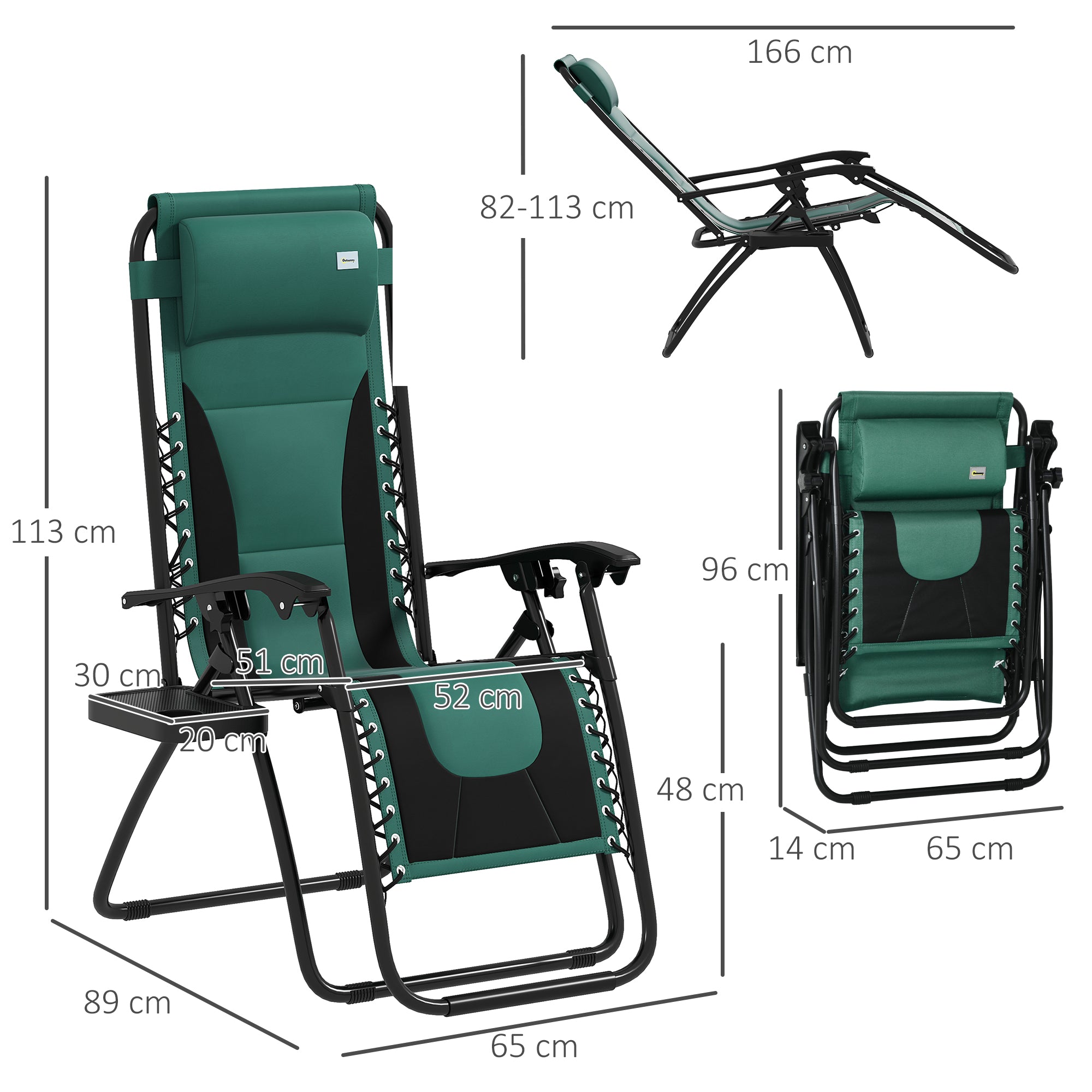Outsunny Zero Gravity Lounger Chair, Folding Reclining Patio Chair with Padded Seat, Cup Holder, Soft Cushion and Headrest for Poolside, Camping, Green - North Peak Garden Furniture