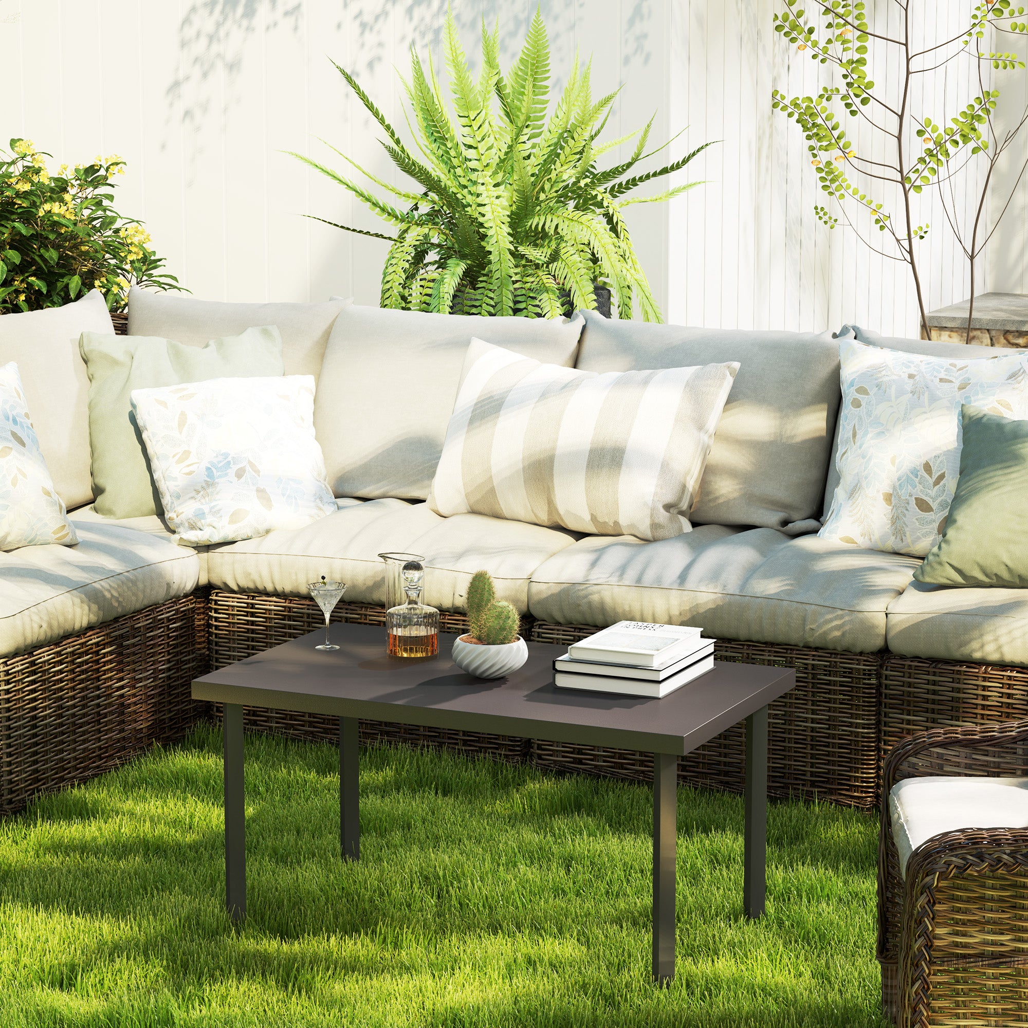 Outsunny Metal Garden Coffee Table, Rectangular Outdoor Side Table with Woodgrain Tabletop, Foot Pads for Outside, Garden, Balcony, Porch, 95 x 55 x 46cm, Brown - North Peak Garden Furniture
