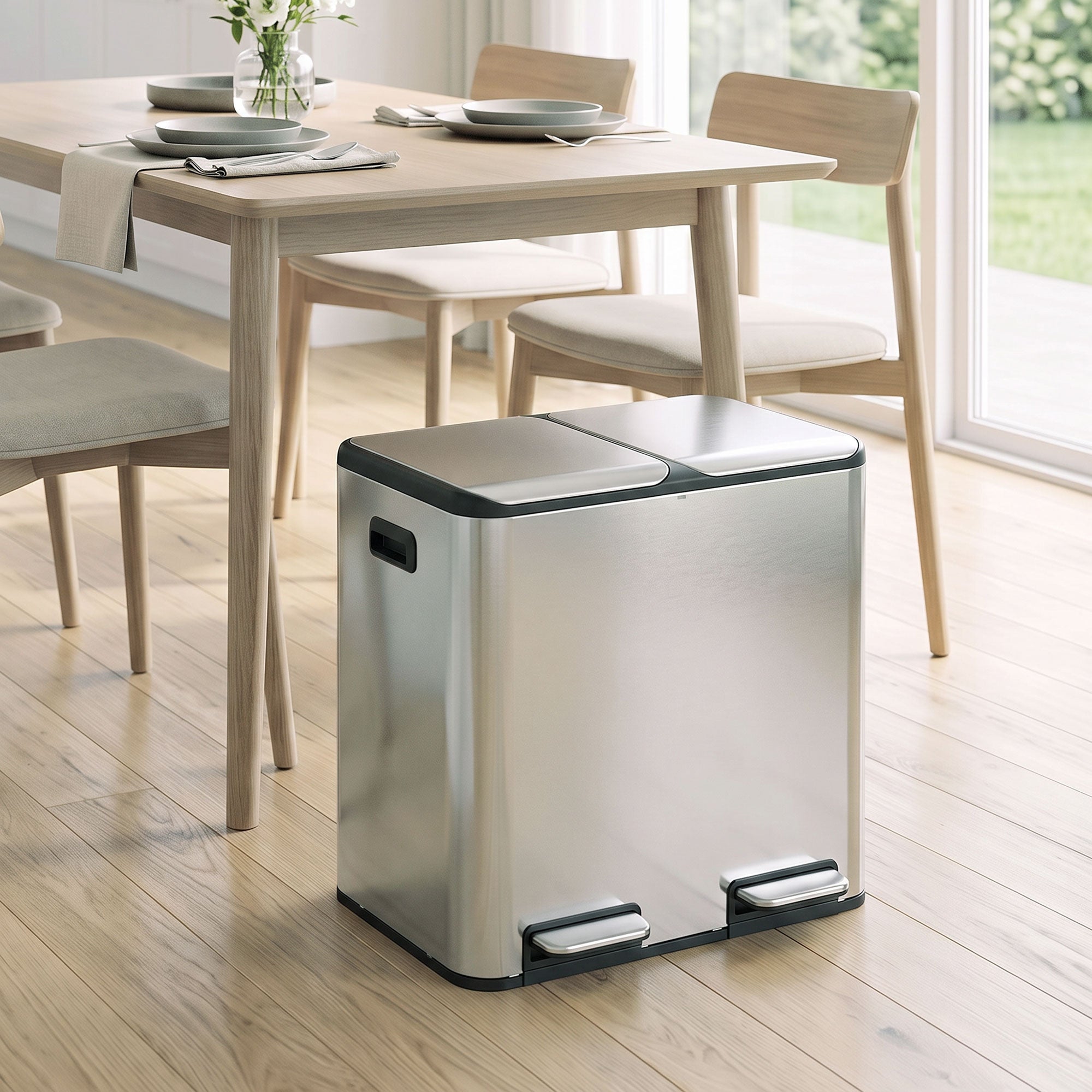 HOMCOM 2 x 20L Double Kitchen Bin, Stainless Steel Pedal Rubbish Bin with Dual Compartments, Soft Close Lids, Silver Tone