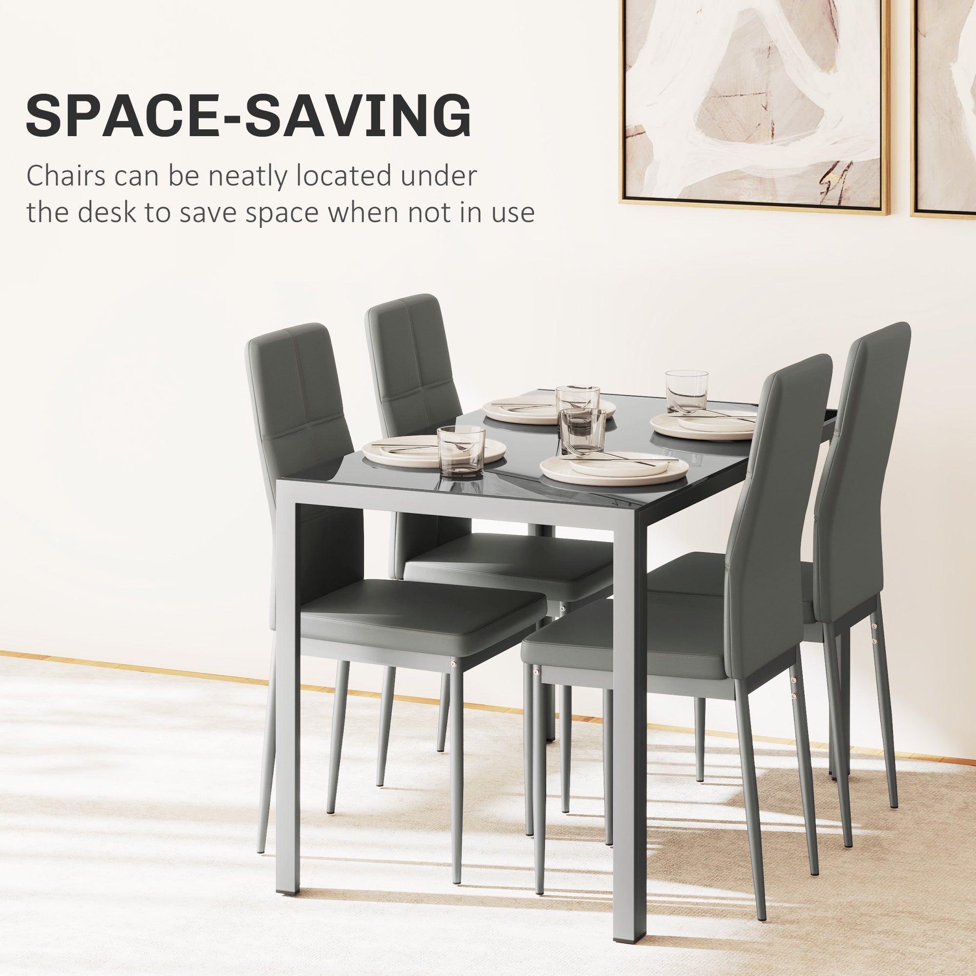 HOMCOM 5-Piece Kitchen Dining Table Set with 4 Faux Leather Metal Frame Chairs Glass Tabletop Desk for Dining Room, Kitchen, Dinette, Grey - North Peak Garden Furniture