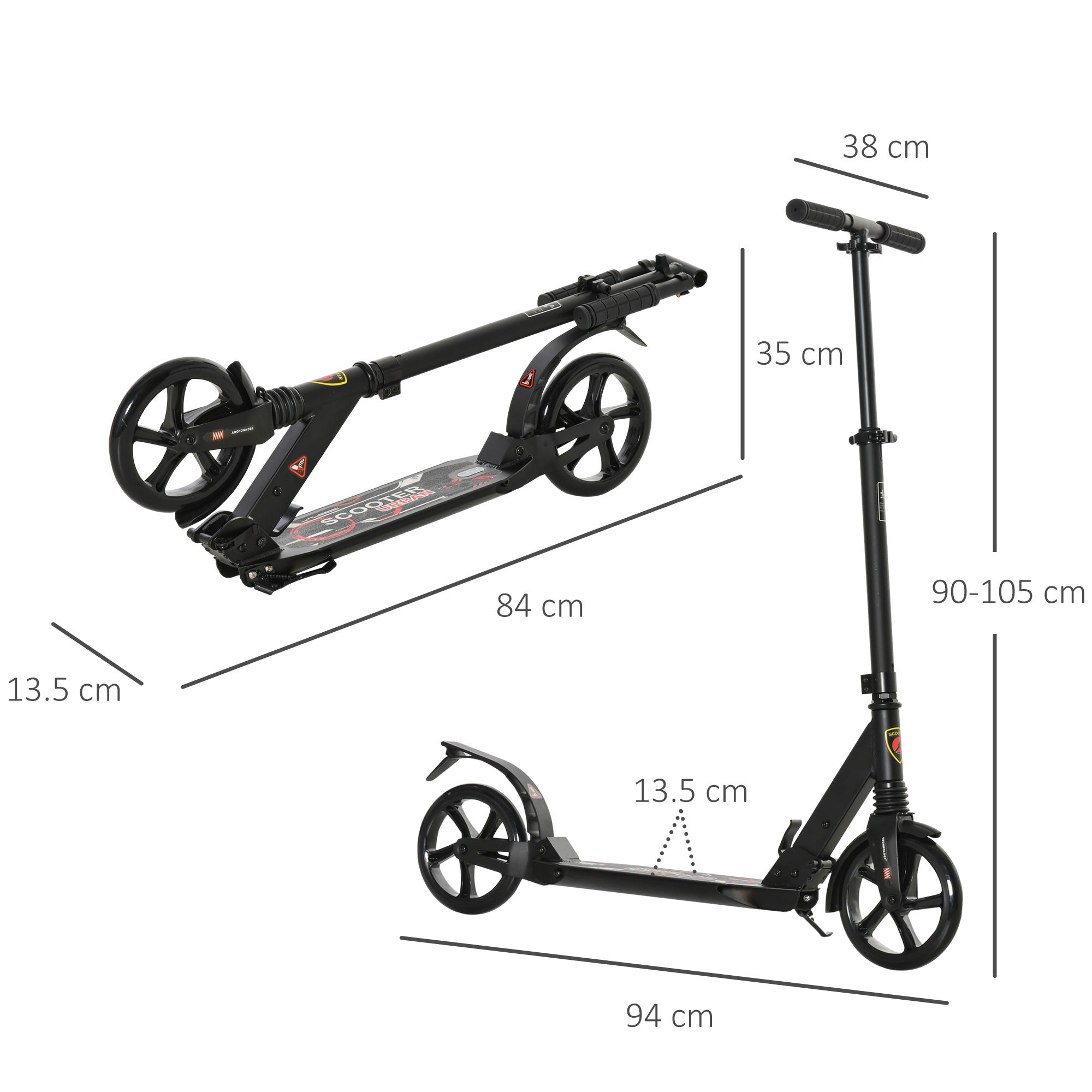 HOMCOM Folding Kick Scooter 2 Big Wheels Teens Adult 14+ Adjustable Ride On Black - North Peak Garden Furniture